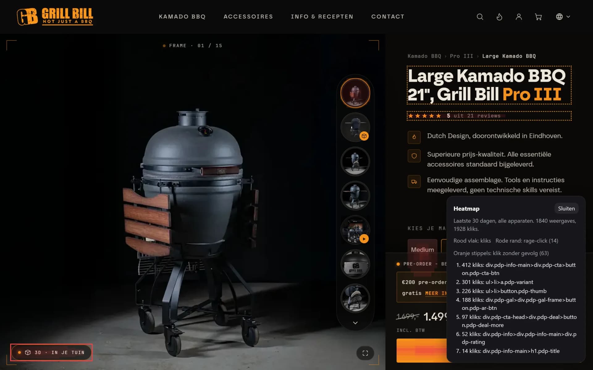 Heatmap-overlay op een productpagina van Grill Bill: rode vlakken waar bezoekers klikken en een lijst met de meest geklikte elementen
