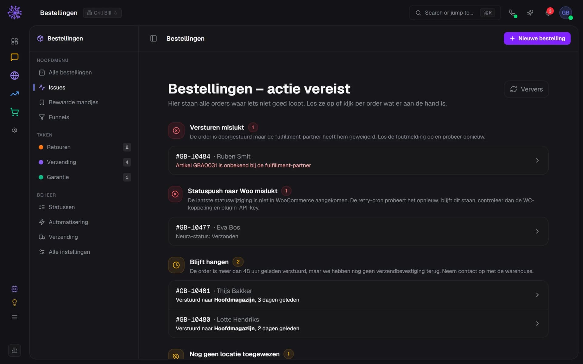 Pagina Issues met bestellingen die actie vereisen: versturen mislukt, statuspush mislukt en blijft hangen