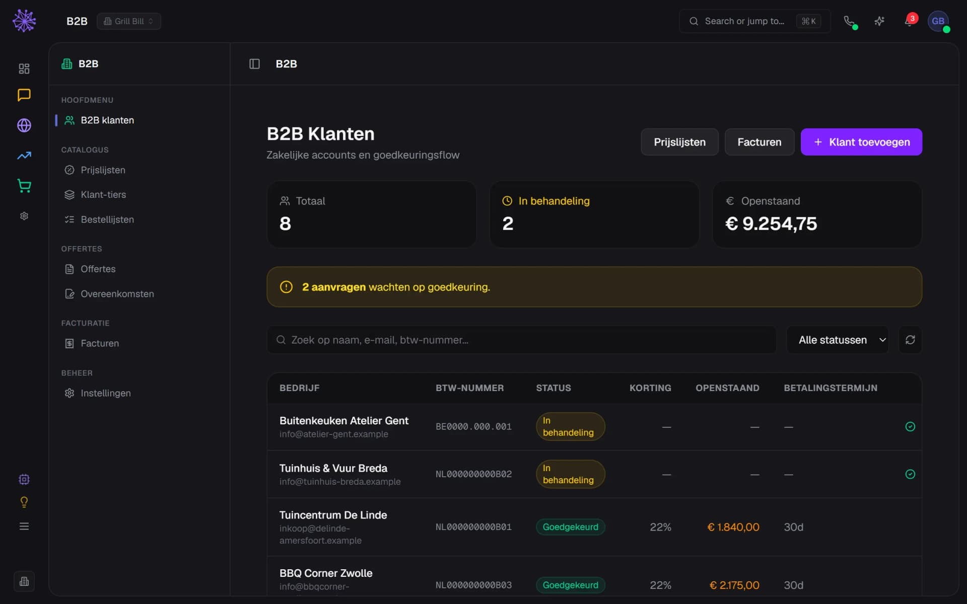 Overzicht van zakelijke klanten met dealeraanvragen die wachten op goedkeuring in het Neuramerce-dashboard