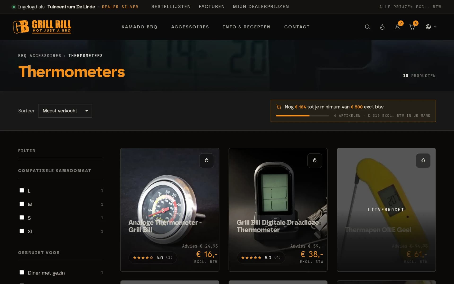 Categoriepagina van de Grill Bill-webshop met dealerprijzen excl. btw
