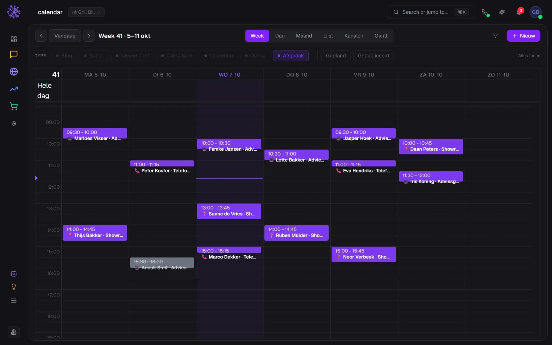 Weekkalender van Grill Bill met afspraken: adviesgesprekken via Meet, telefonisch advies, showroombezoeken en een geannuleerde afspraak, in het Neuramerce-dashboard
