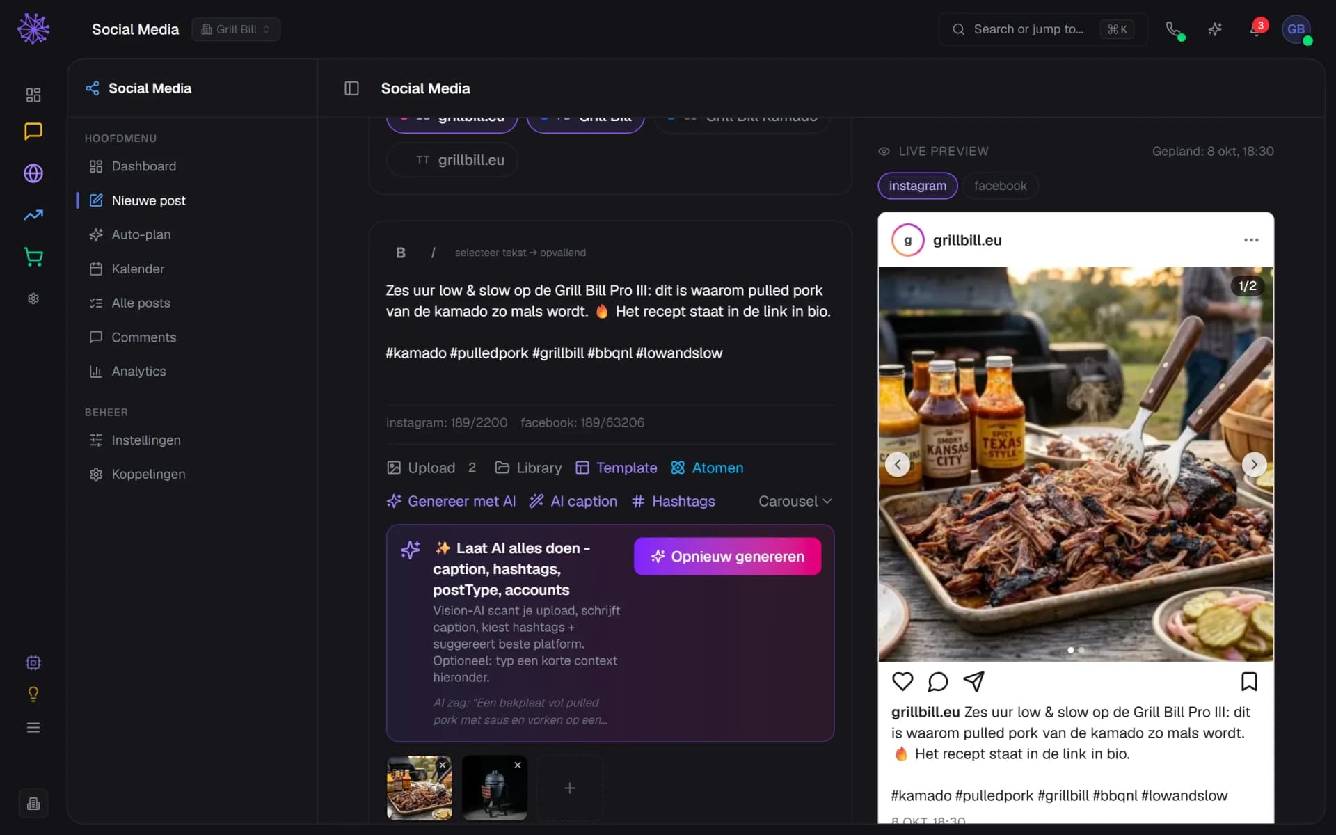 Nieuwe post met een AI-geschreven caption met hashtags, de Magic Compose-balk en een live Instagram-preview van de carrousel.