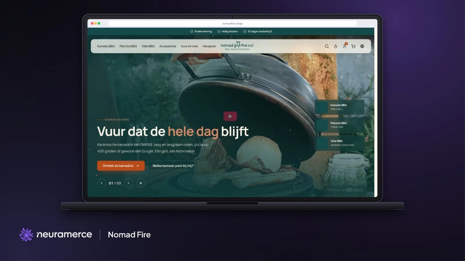 De homepage van Nomad Fire Co. op nomadfire.shop, gebouwd op Neuramerce