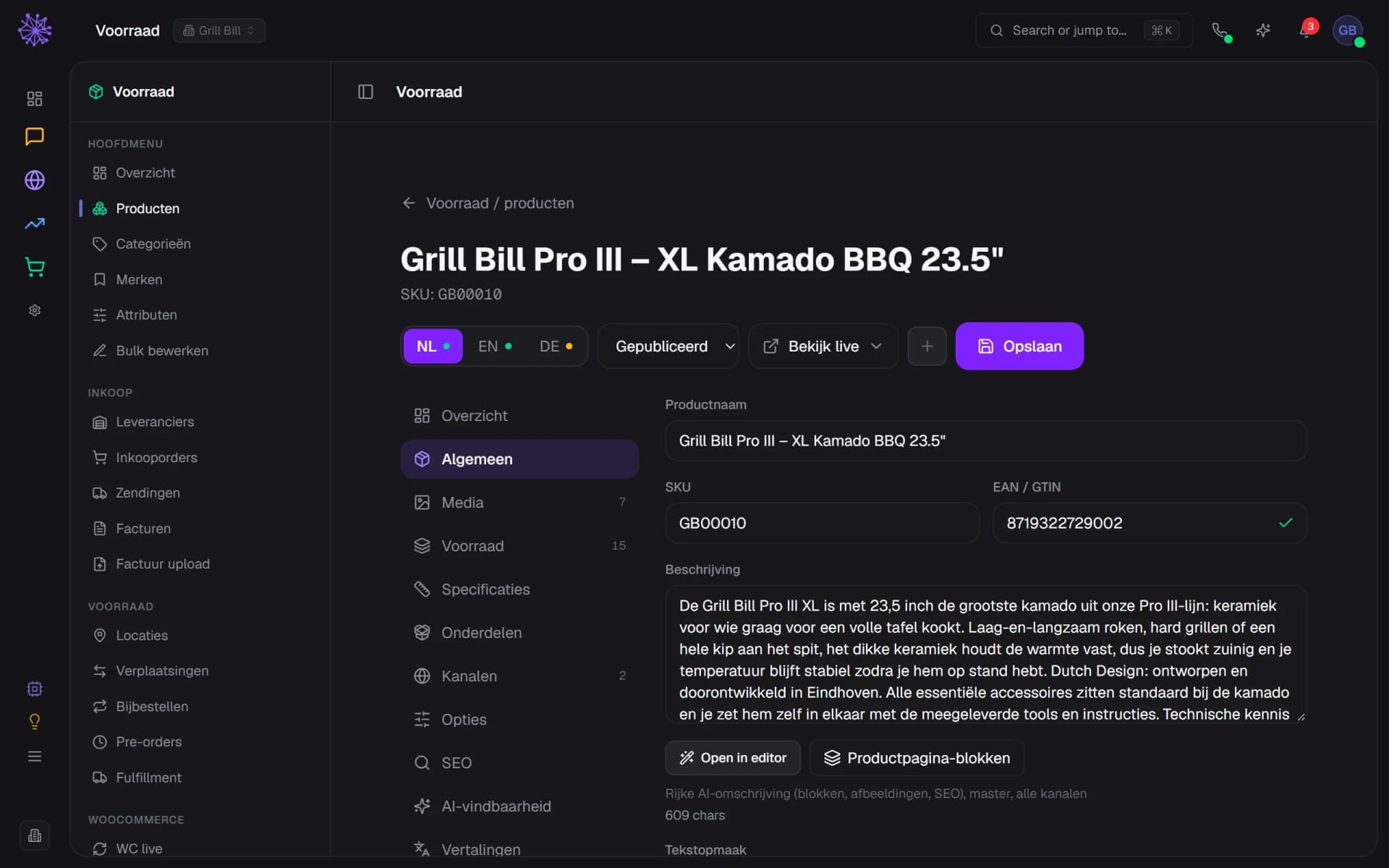 Productdetail van de Grill Bill Pro III in het Neuramerce-dashboard