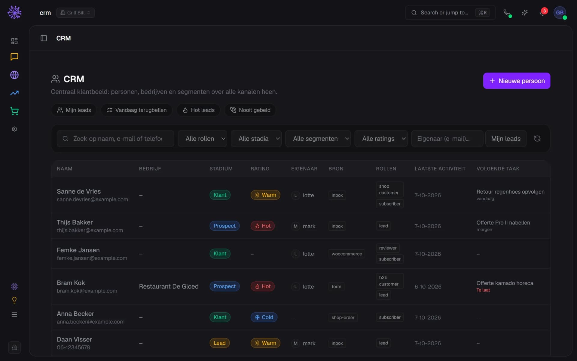 De CRM-lijst Personen met stadium, rating, eigenaar, bron, rollen en volgende taak per persoon.