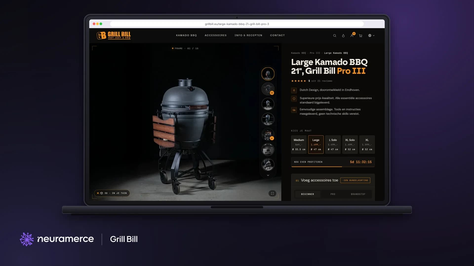 Productpagina van de Grill Bill Pro III Large met maatkiezer en accessoires met bundelkorting