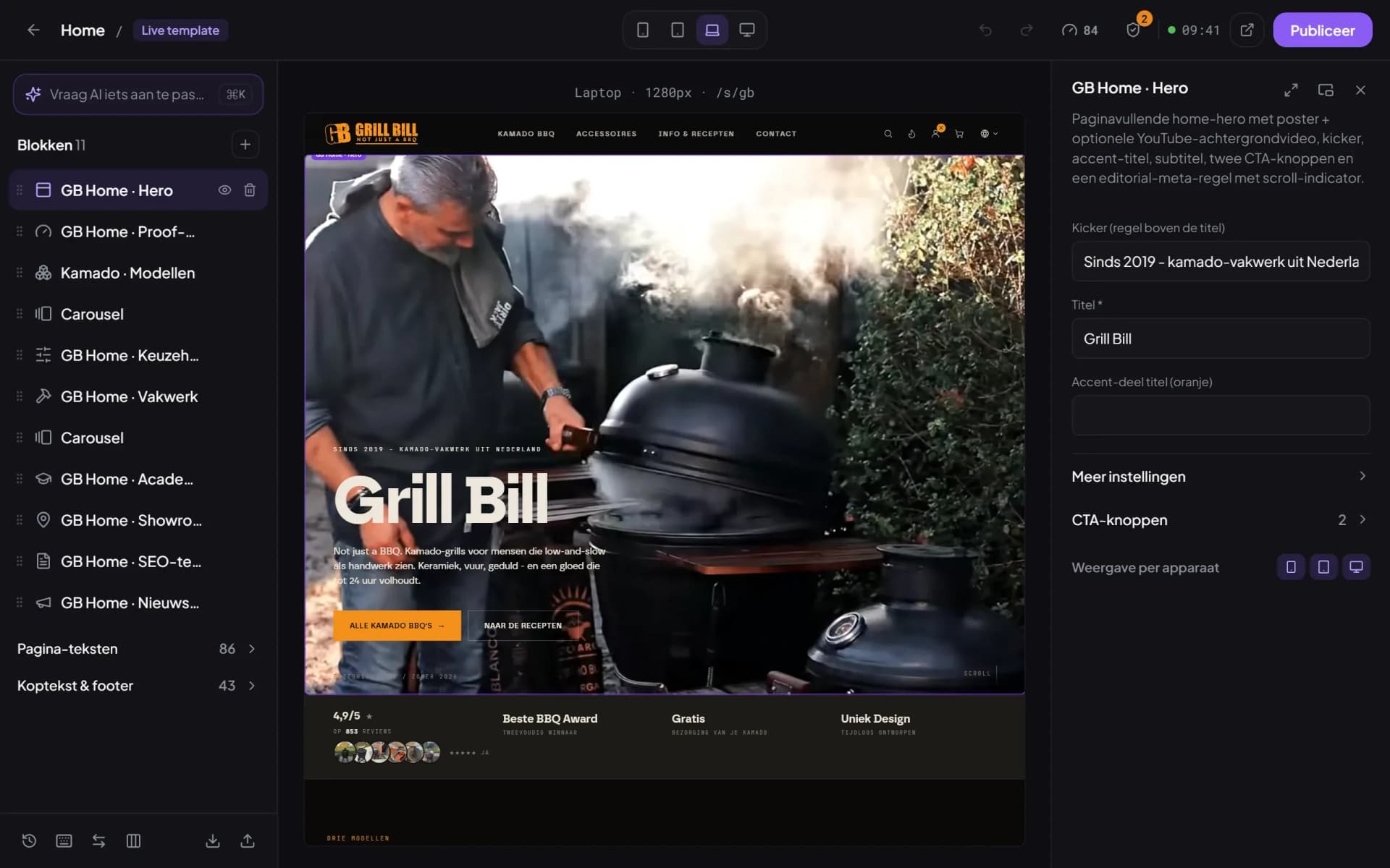 De template-editor van de Website Builder met de Grill Bill-homepage: blokkenlijst links, de pagina in het midden en de instellingen van het hero-blok rechts.