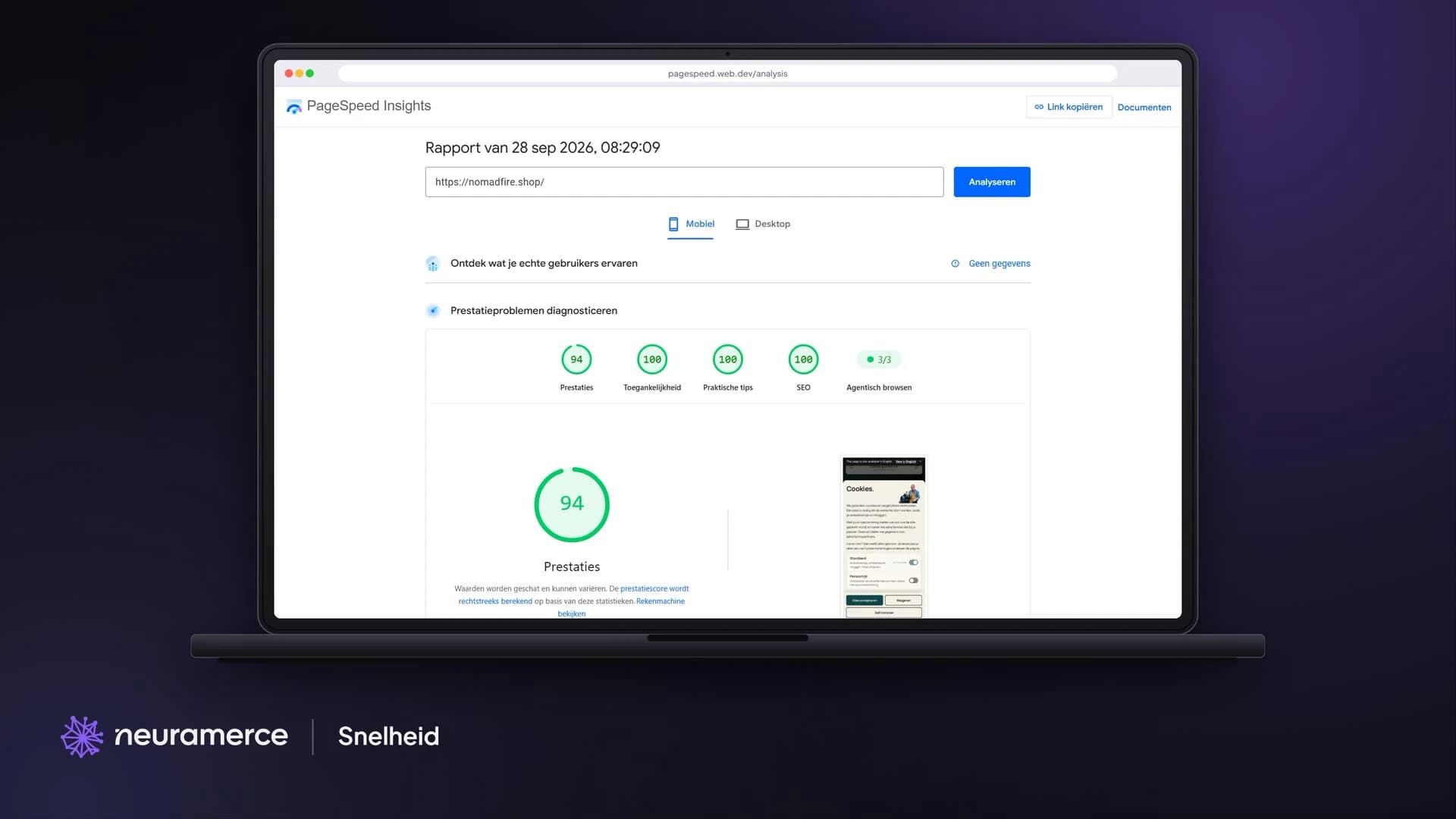 PageSpeed Insights voor nomadfire.shop op mobiel: prestaties 94, toegankelijkheid, praktische tips en SEO 100