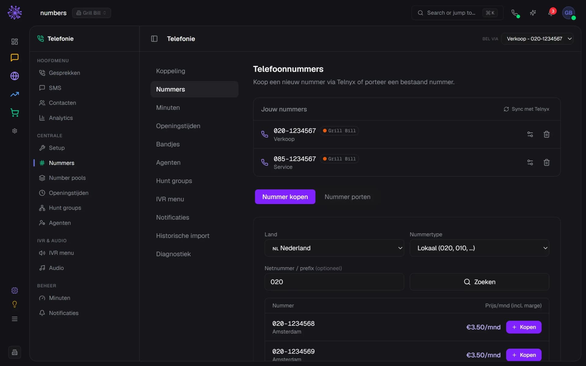 Telefoonnummers in het Neuramerce-dashboard: twee eigen nummers, zoekopties en beschikbare lokale nummers met de knop Kopen