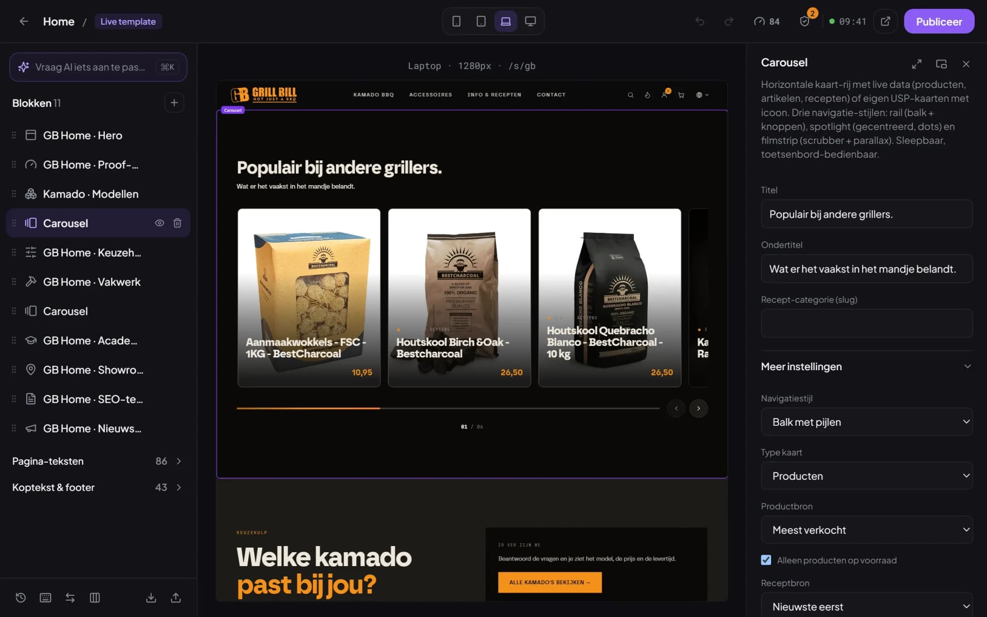 Een productcarousel met echte producten en prijzen uit de shop, en rechts de instellingen met Productbron en alleen producten op voorraad.