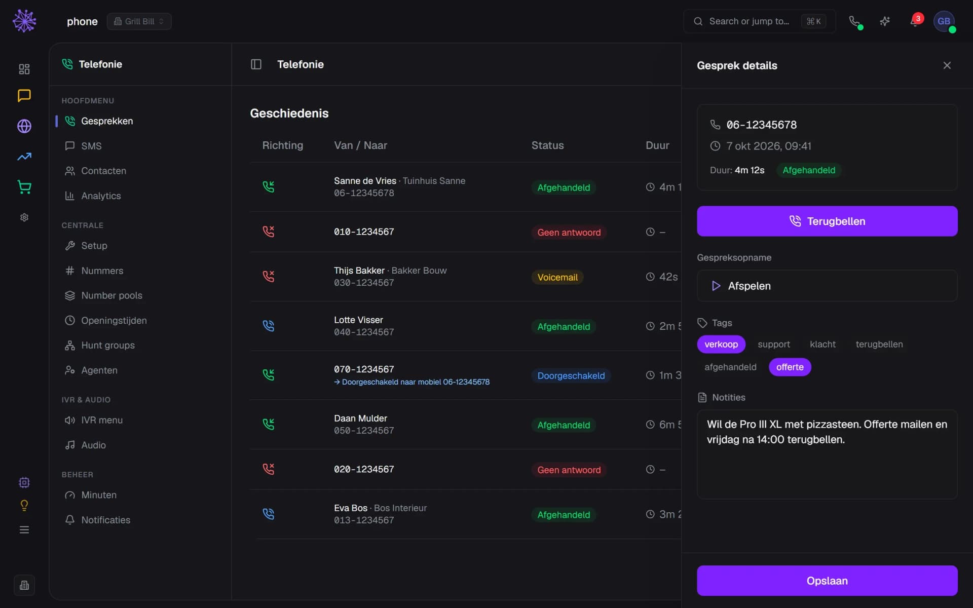 Gesprekkenlijst van de Telefonie-module in het Neuramerce-dashboard, met het detailpaneel van een gesprek: terugbellen, opname, tags en notitie
