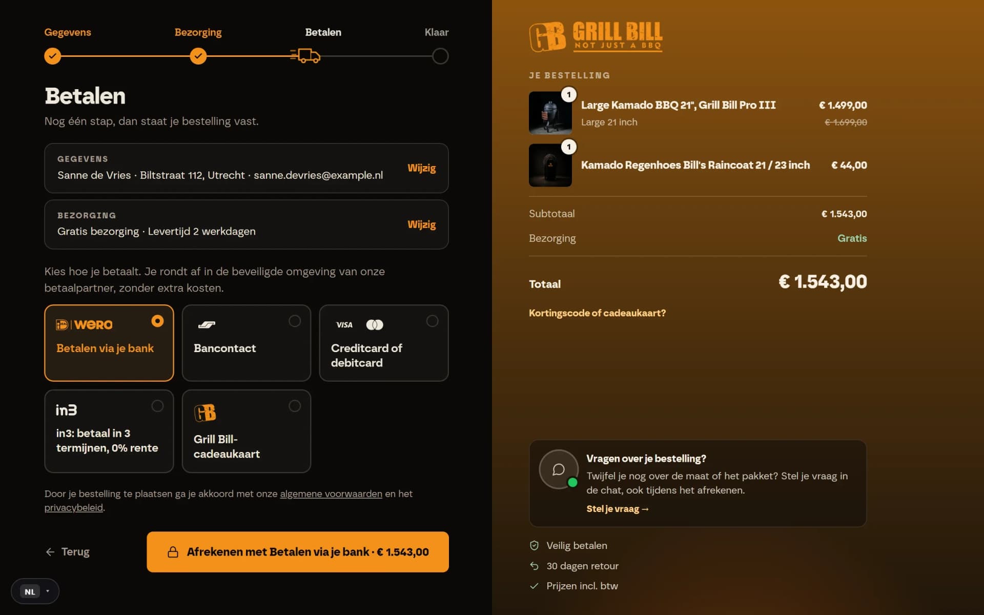 Checkout van de Grill Bill-webshop met betaalmethodes