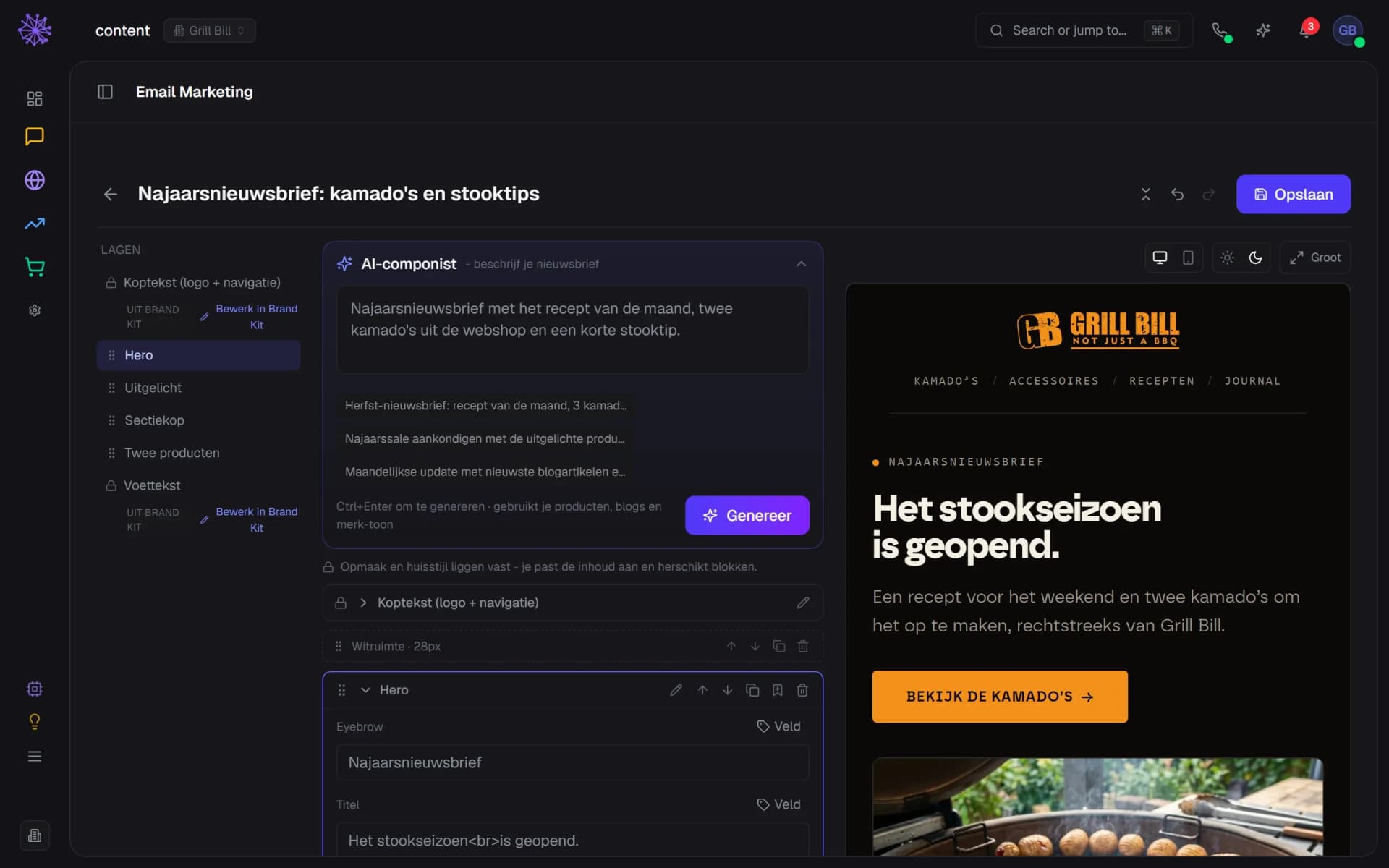 De e-mailbouwer van Grill Bill: AI-componist, lagenlijst en een live voorbeeld van een nieuwsbrief met recept en kamado's.
