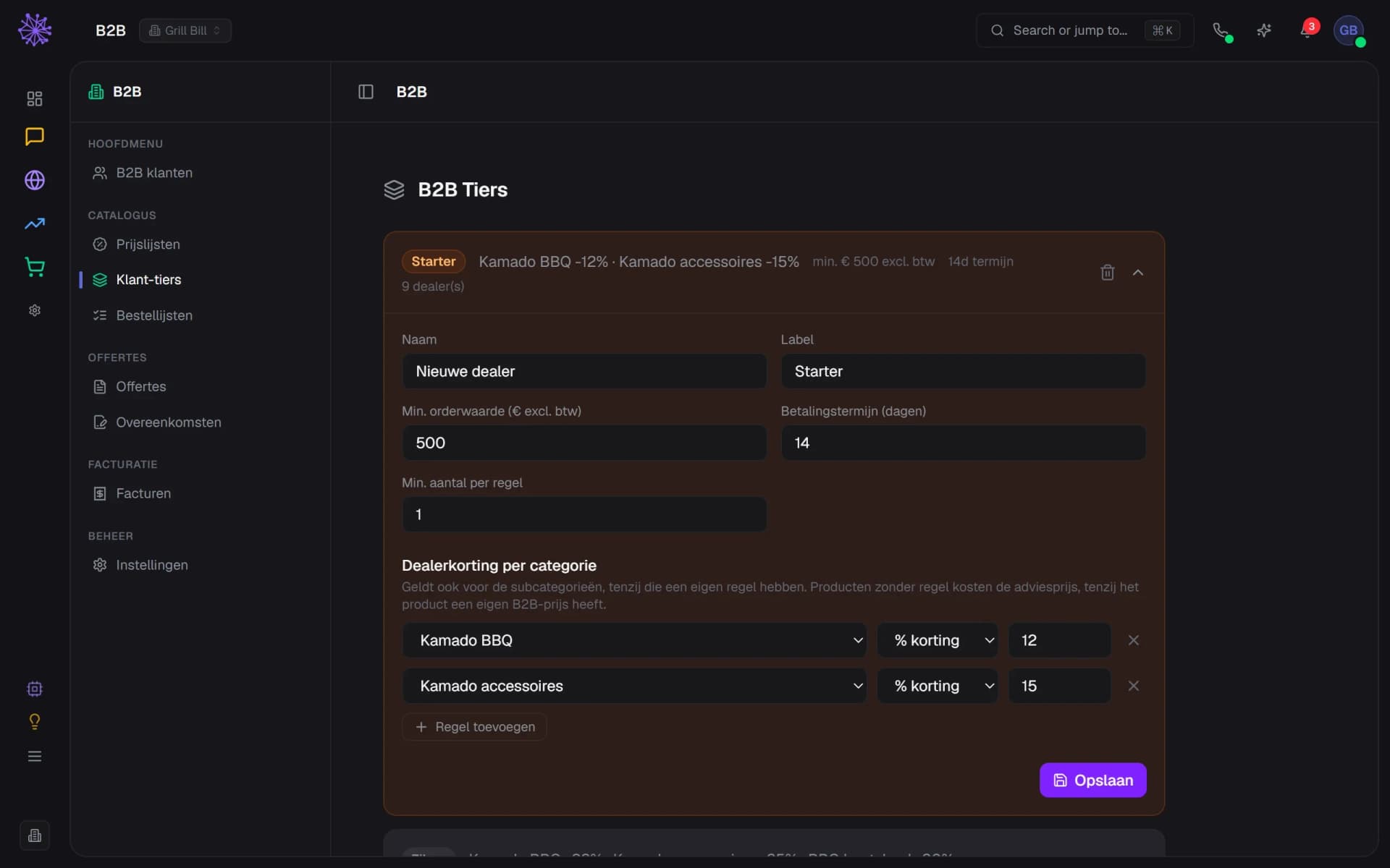 B2B-dealerniveaus met kortingen per categorie in het Neuramerce-dashboard