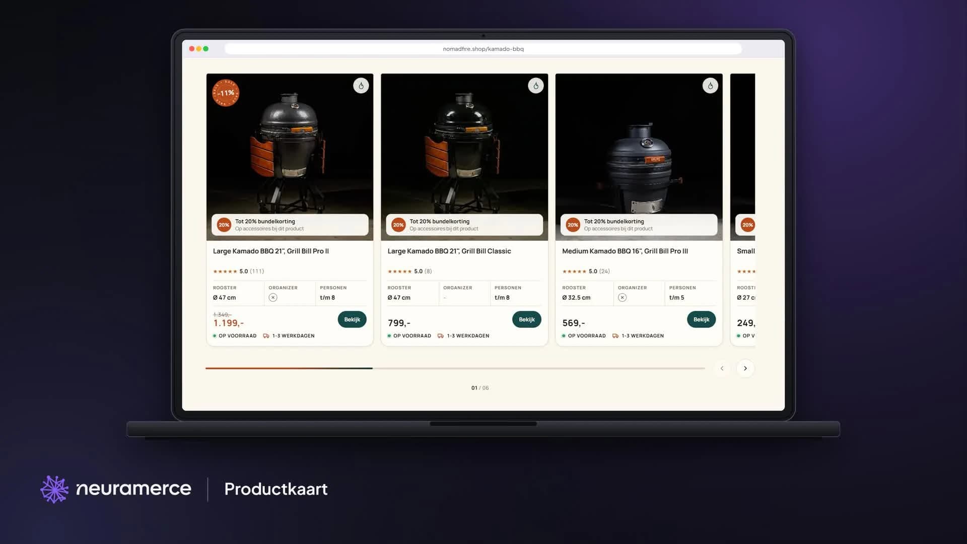 Productkaarten van Nomad Fire met specificaties, bundelkorting, voorraad en levertijd