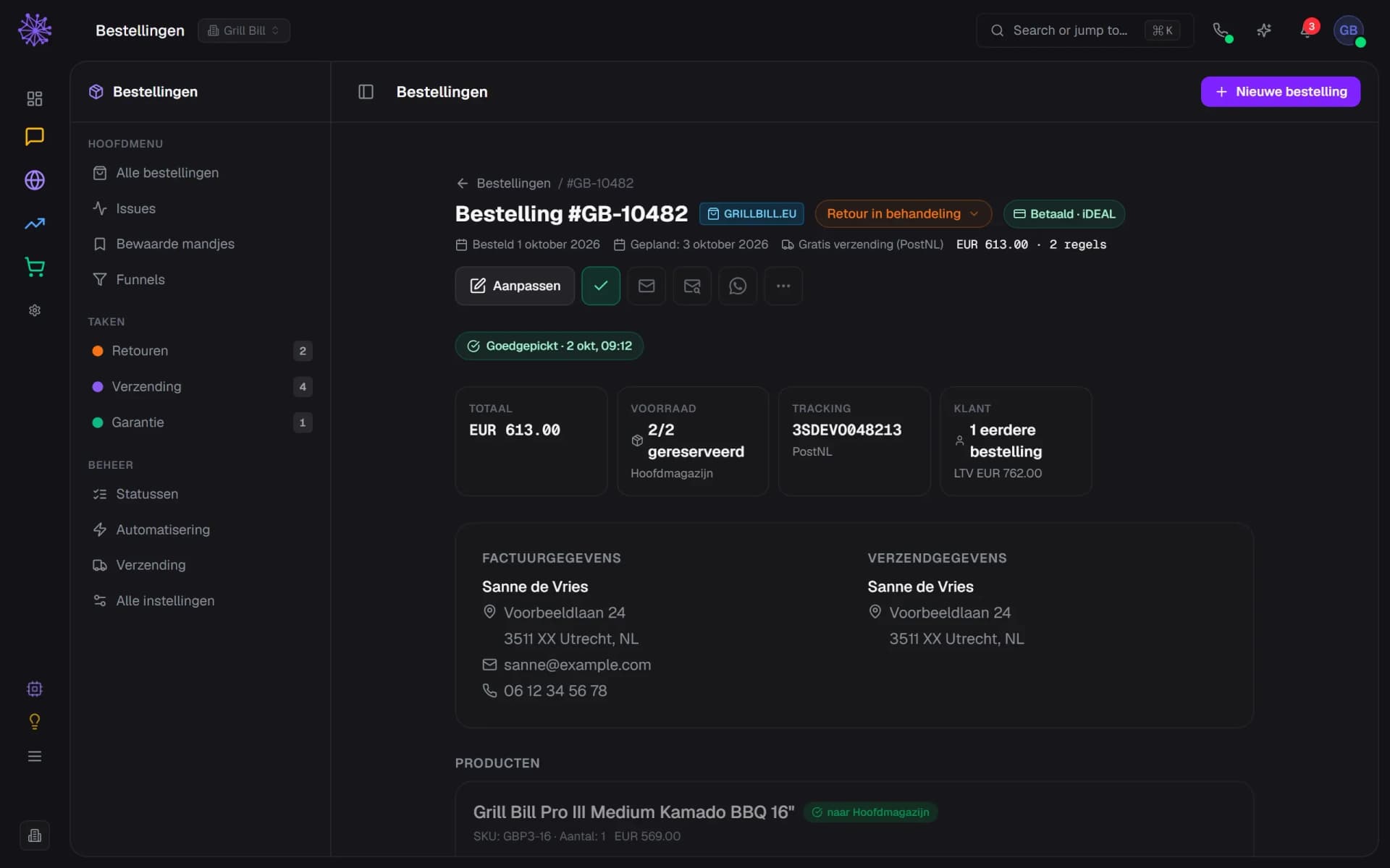 Bestelling met retourstatus en track en trace in het Neuramerce-dashboard