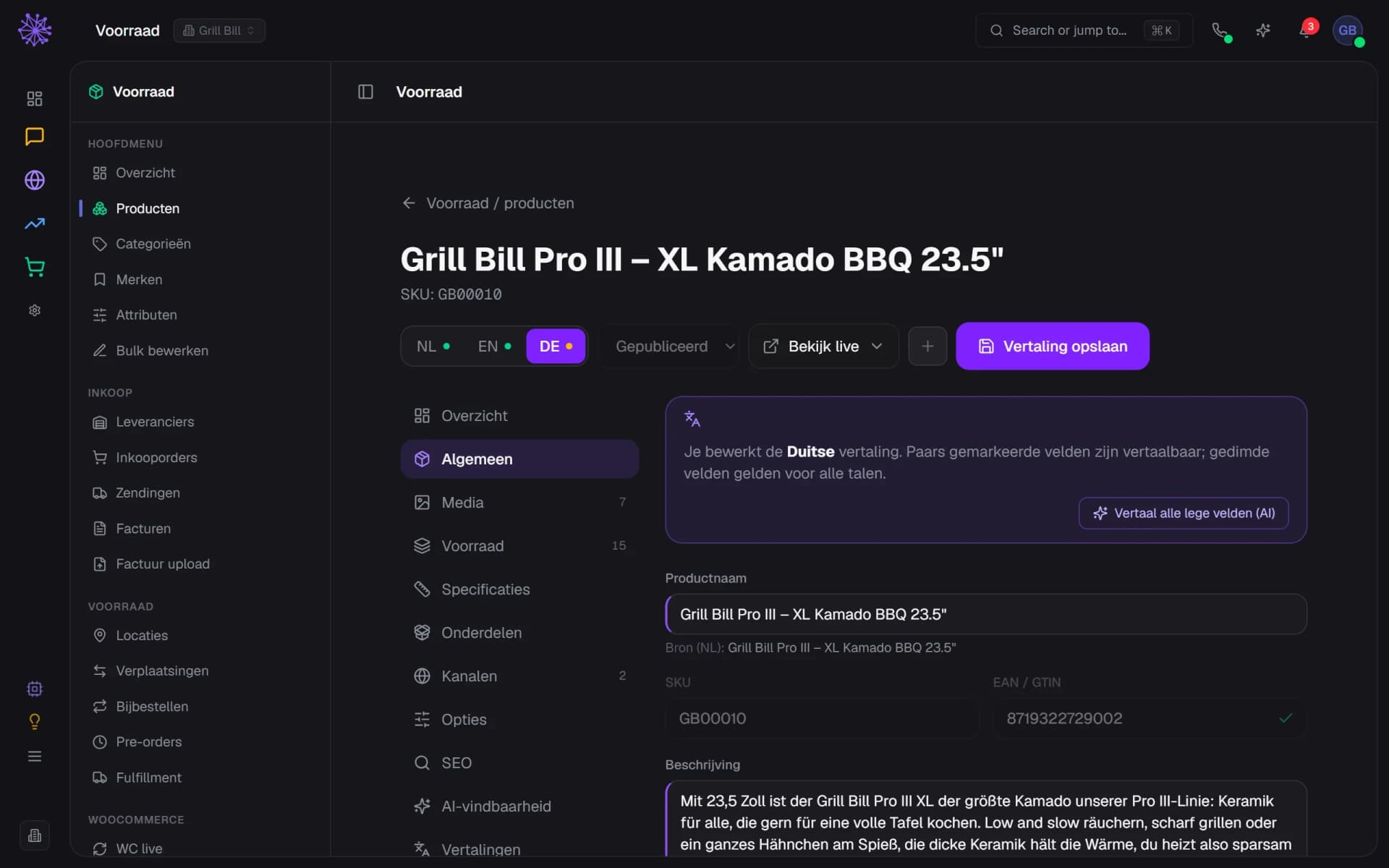 Productpagina van de Grill Bill Pro III XL in vertaalmodus voor het Duits, met de Nederlandse bron onder het veld