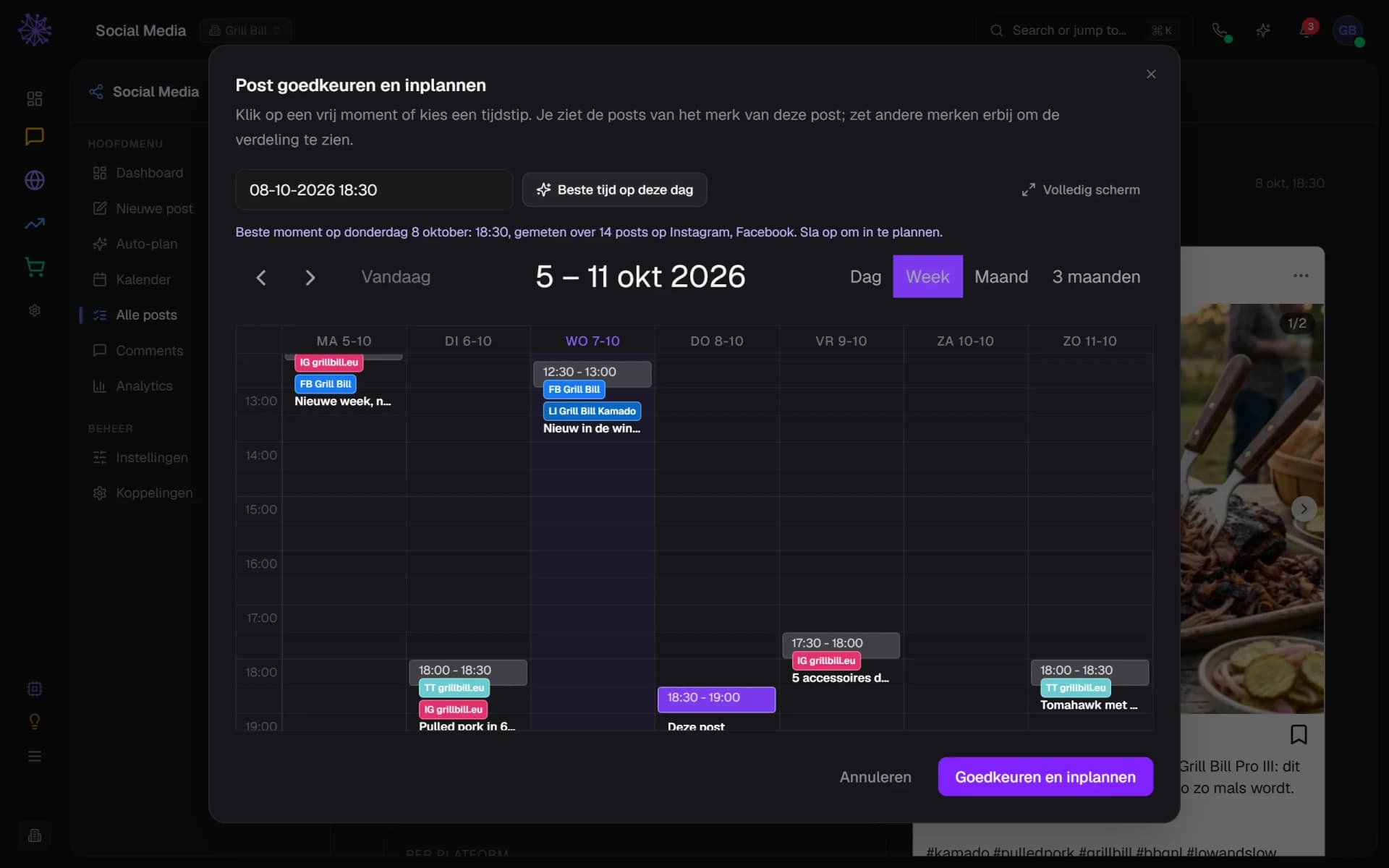 Het venster Post goedkeuren en inplannen met de weekkalender, de knop Beste tijd op deze dag en het voorgestelde tijdstip.