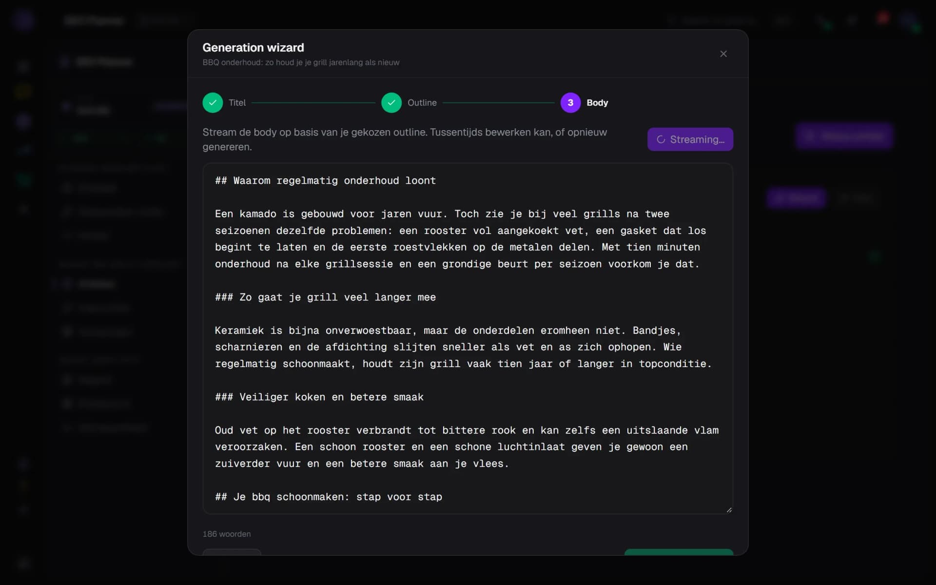 De generation wizard op stap Body: de AI streamt de concepttekst op basis van de goedgekeurde outline, met woordenteller.