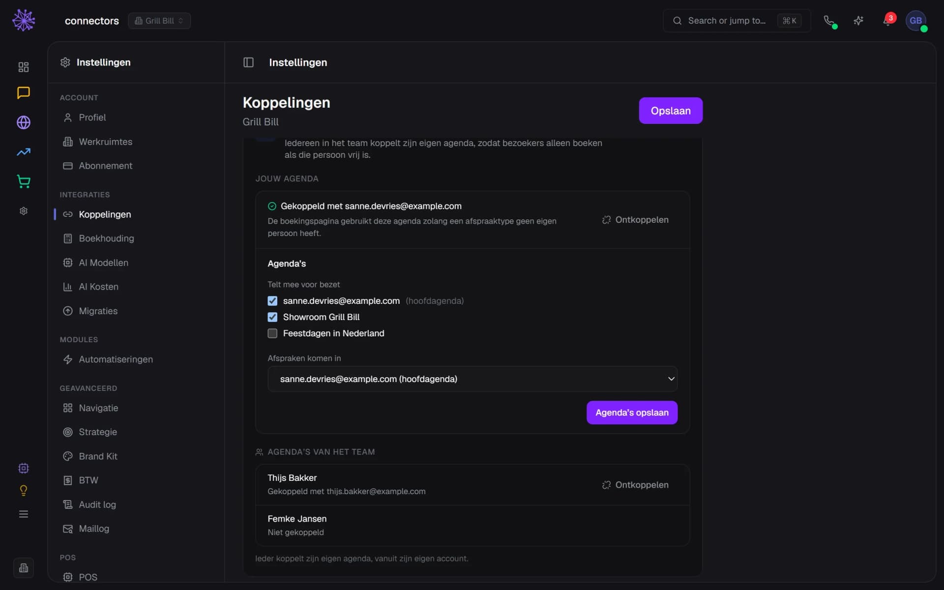 Koppelingen, tabblad Agenda, met een gekoppelde Google Agenda, de agenda's die meetellen voor bezet en de agenda's van het team
