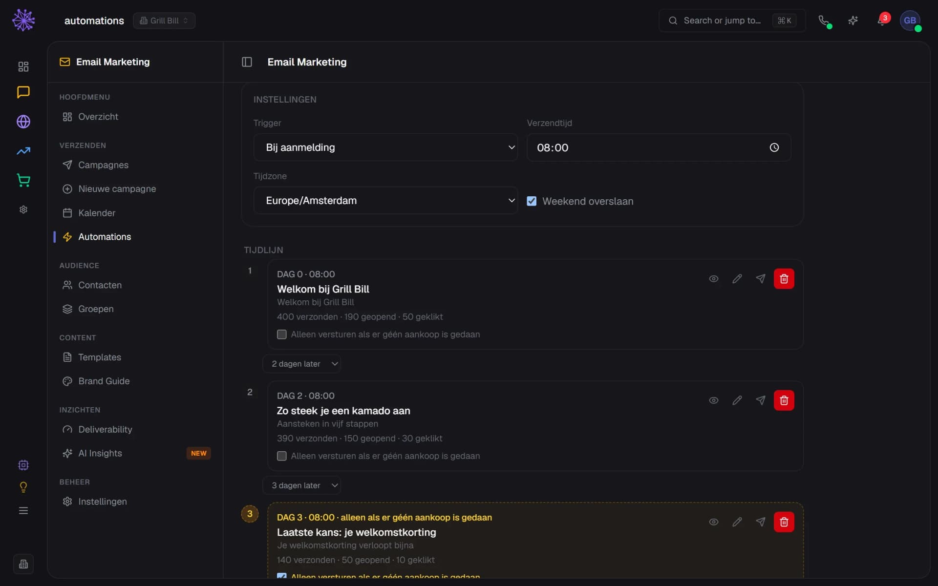 Welkomstreeks van Grill Bill met trigger, verzendtijd, drie stappen met statistieken en een laatste-kansmail.