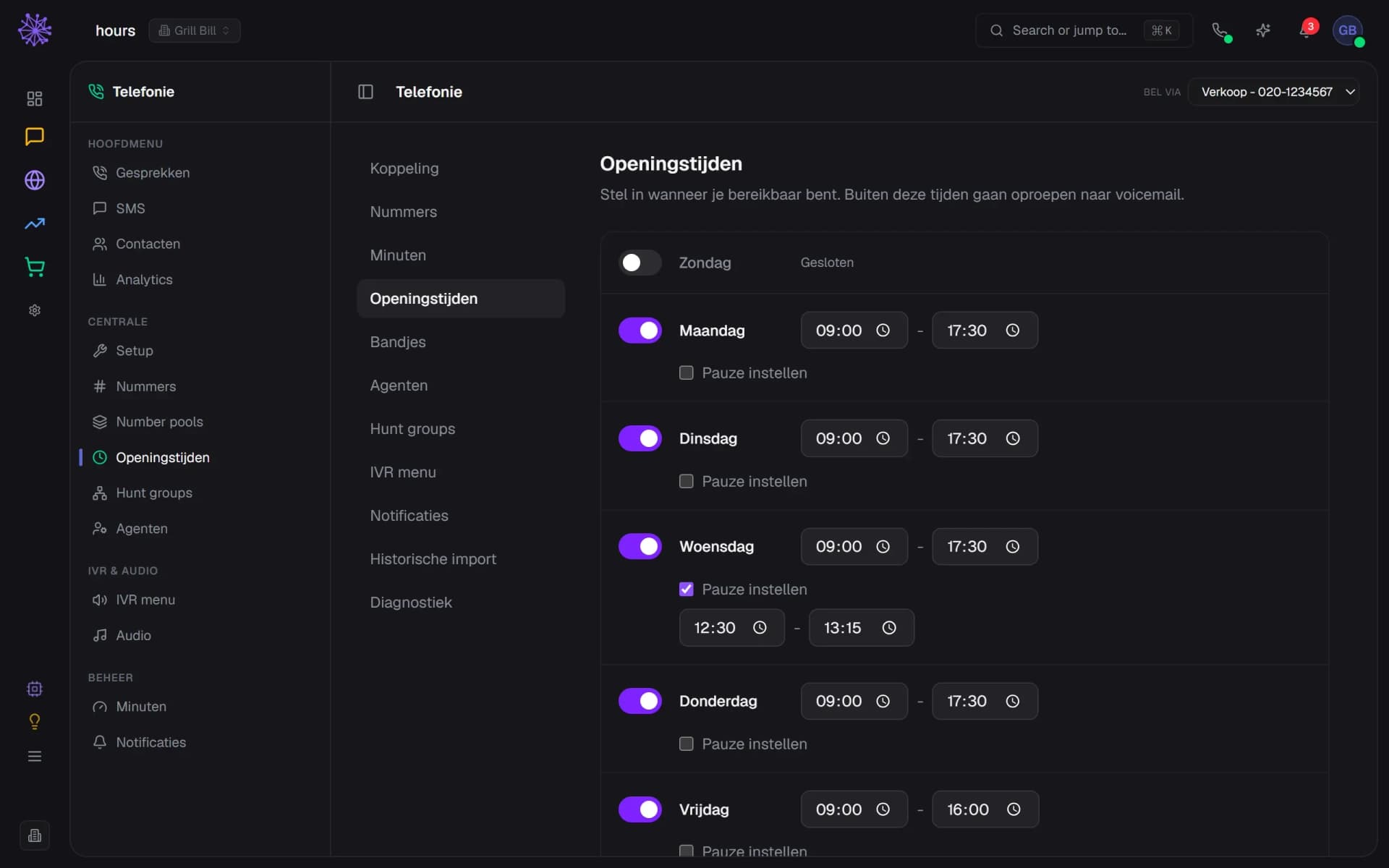 Openingstijden per dag in de Telefonie-module van het Neuramerce-dashboard, met een pauze op woensdag