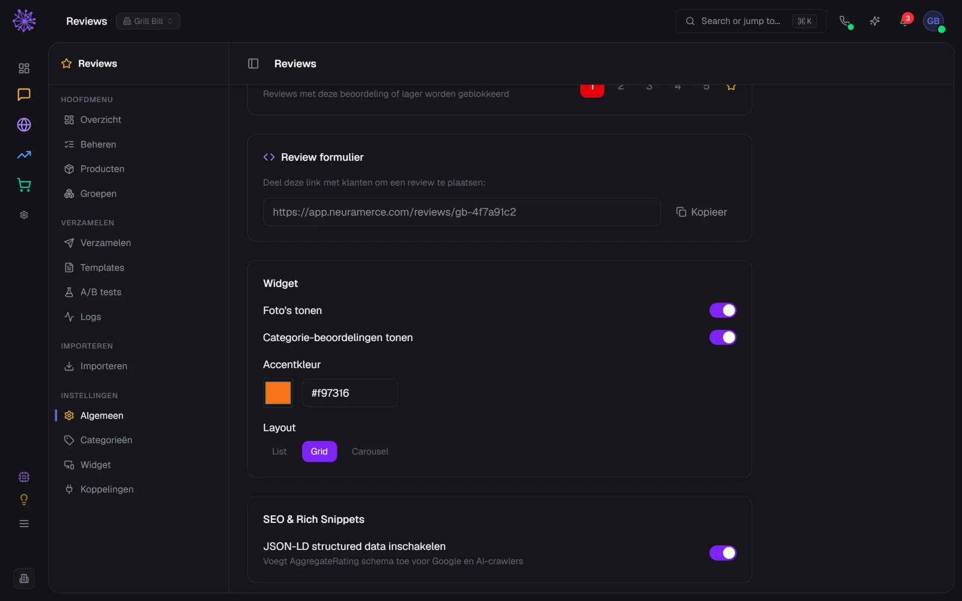 Reviewinstellingen, naar beneden gescrold: widget-opties en de schakelaar voor JSON-LD structured data.
