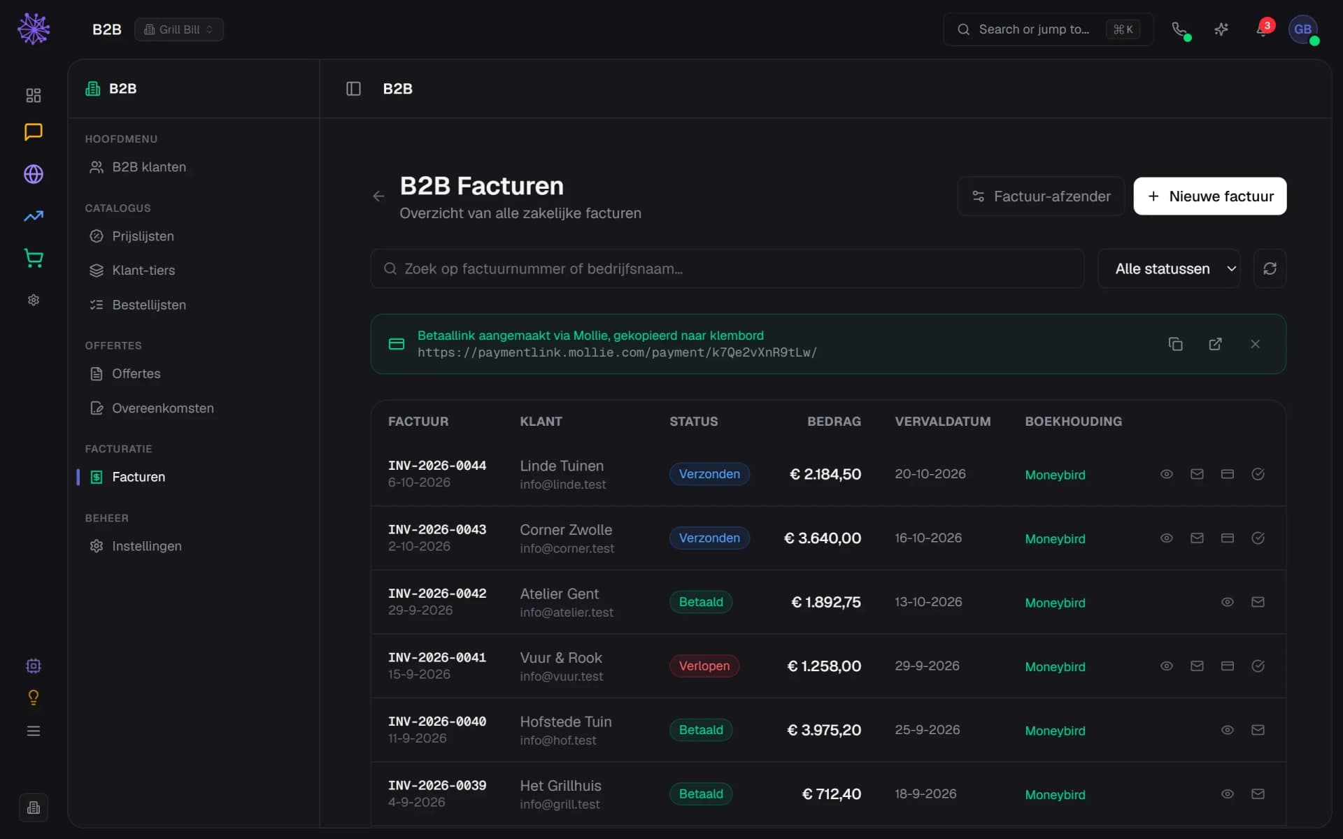 Overzicht van zakelijke facturen met status en betaallink in het Neuramerce-dashboard