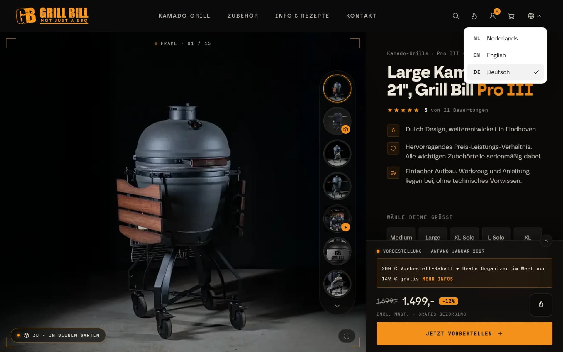 Duitse productpagina van de Grill Bill Pro III op grillbill.eu met de taalwisselaar open