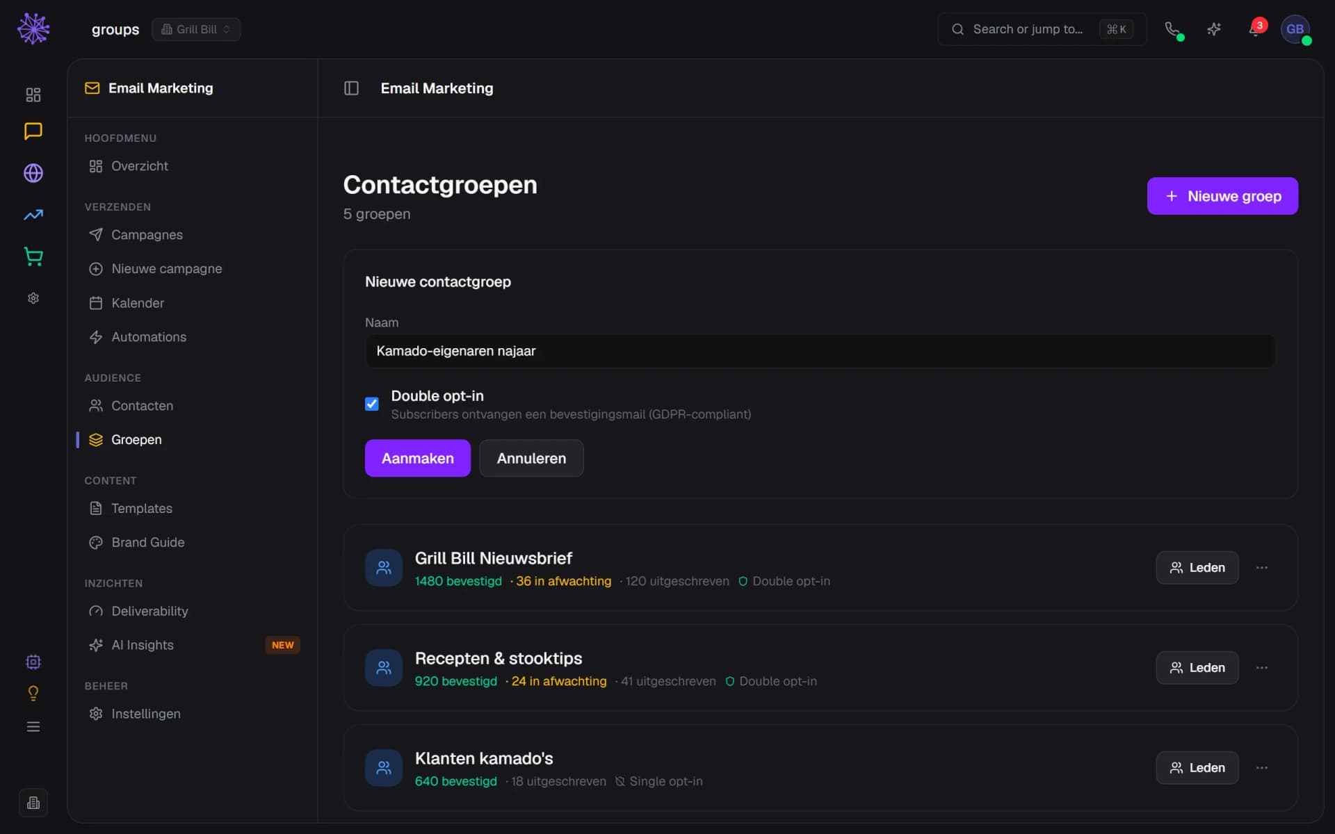 Contactgroepen met een nieuw-groepformulier waarin double opt-in aanstaat en groepen met aantallen bevestigd, in afwachting en uitgeschreven.