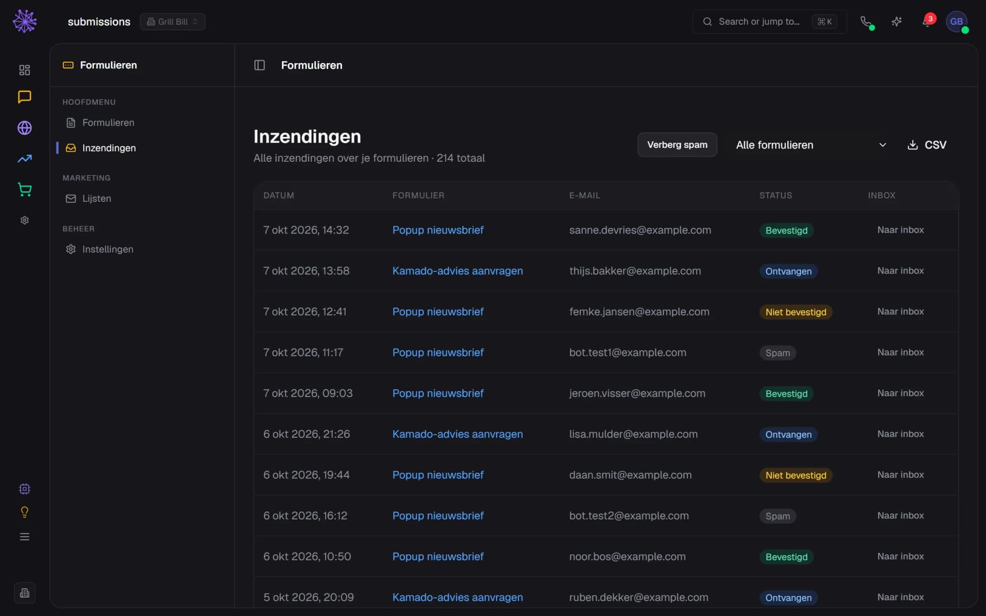 Alle formulierinzendingen met status, spam en een knop naar de Inbox in het Neuramerce-dashboard