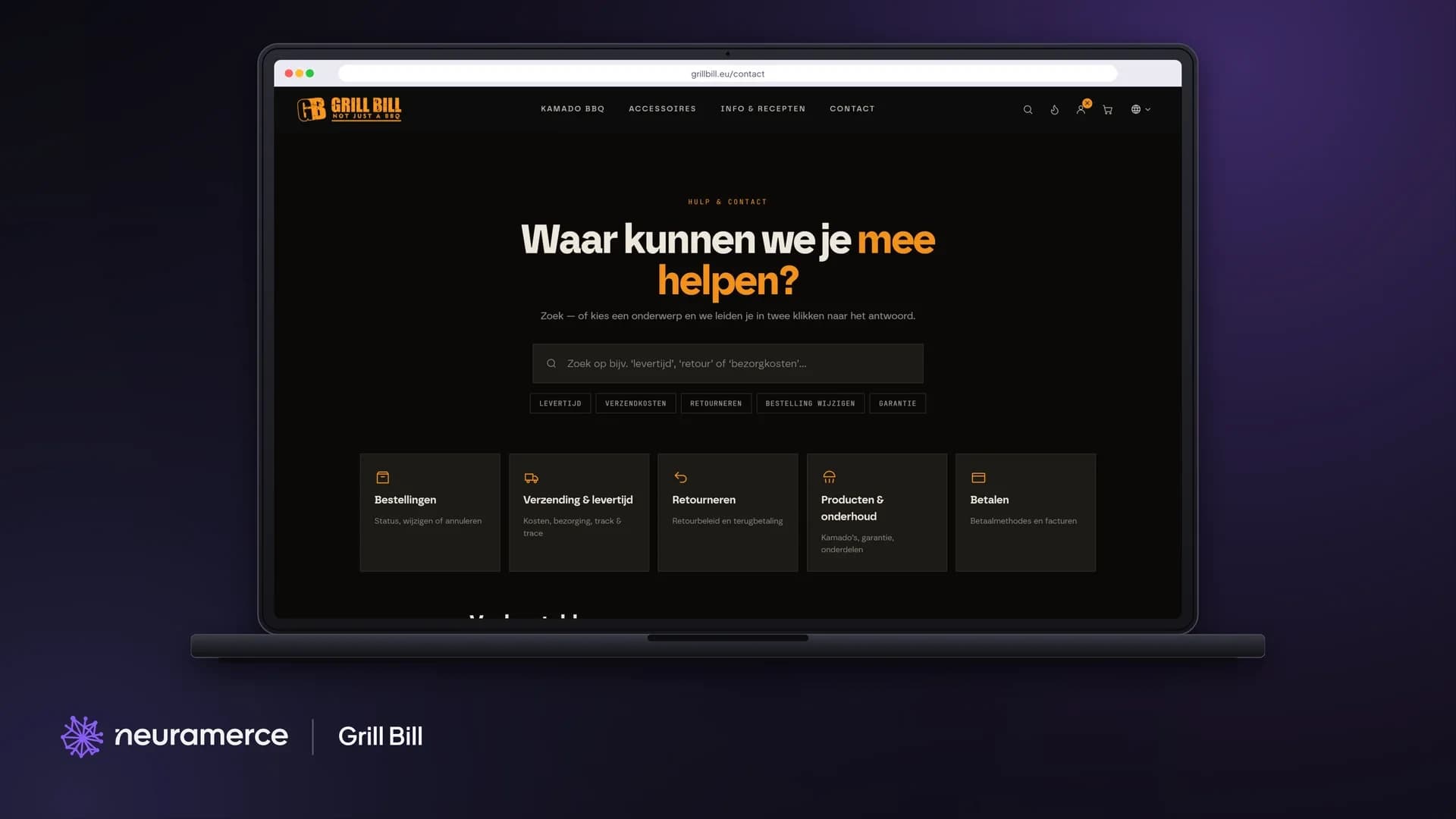 De klantenservice pagina van Grill Bill met zoekveld en onderwerpen