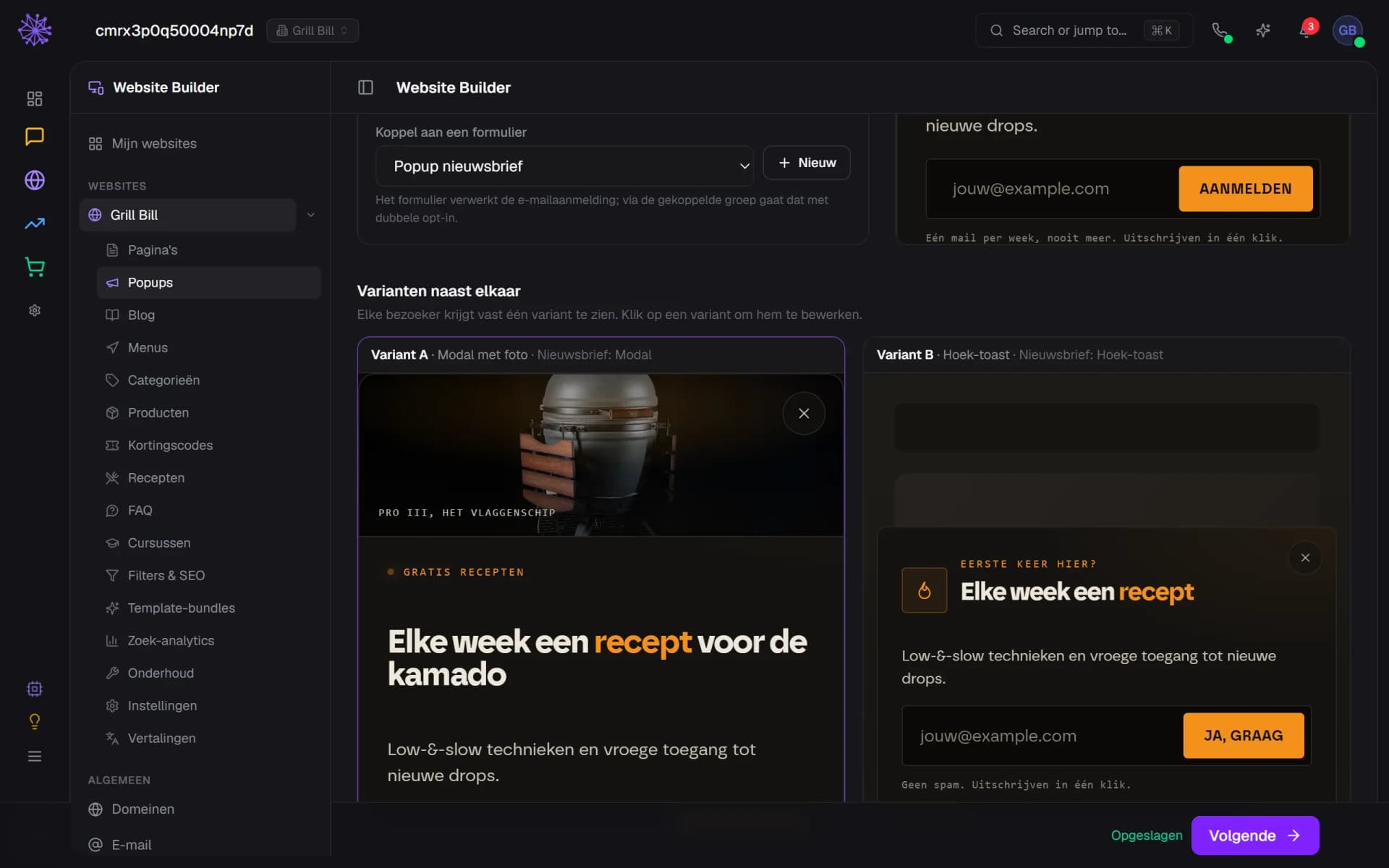 De popupwizard met twee varianten van een nieuwsbriefpopup naast elkaar: een modal met foto en een hoek-toast