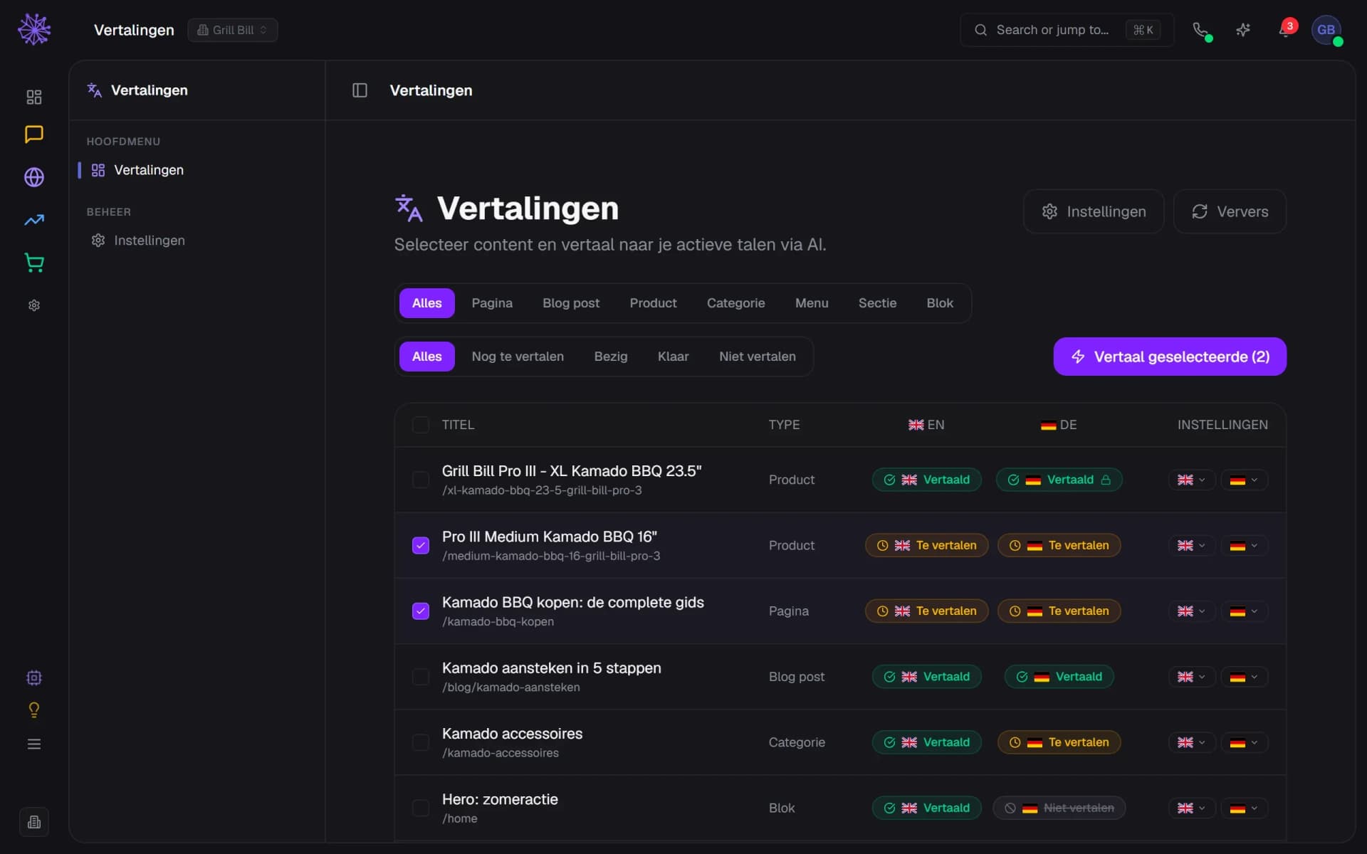 Vertalingenlijst in het Neuramerce-dashboard met producten, pagina's en blogs en de vertaalstatus per taal, Engels en Duits