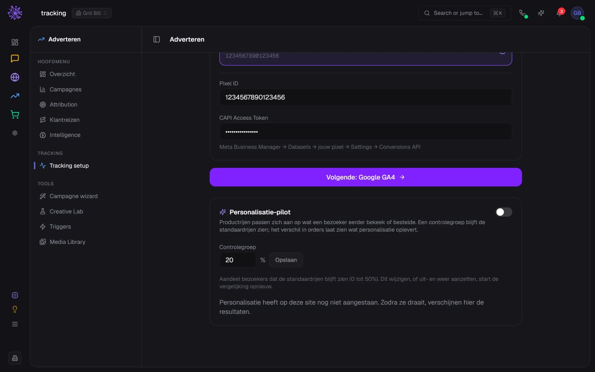 Kaart Personalisatie-pilot in Tracking setup, uitgezet, met het veld Controlegroep op 20 procent.
