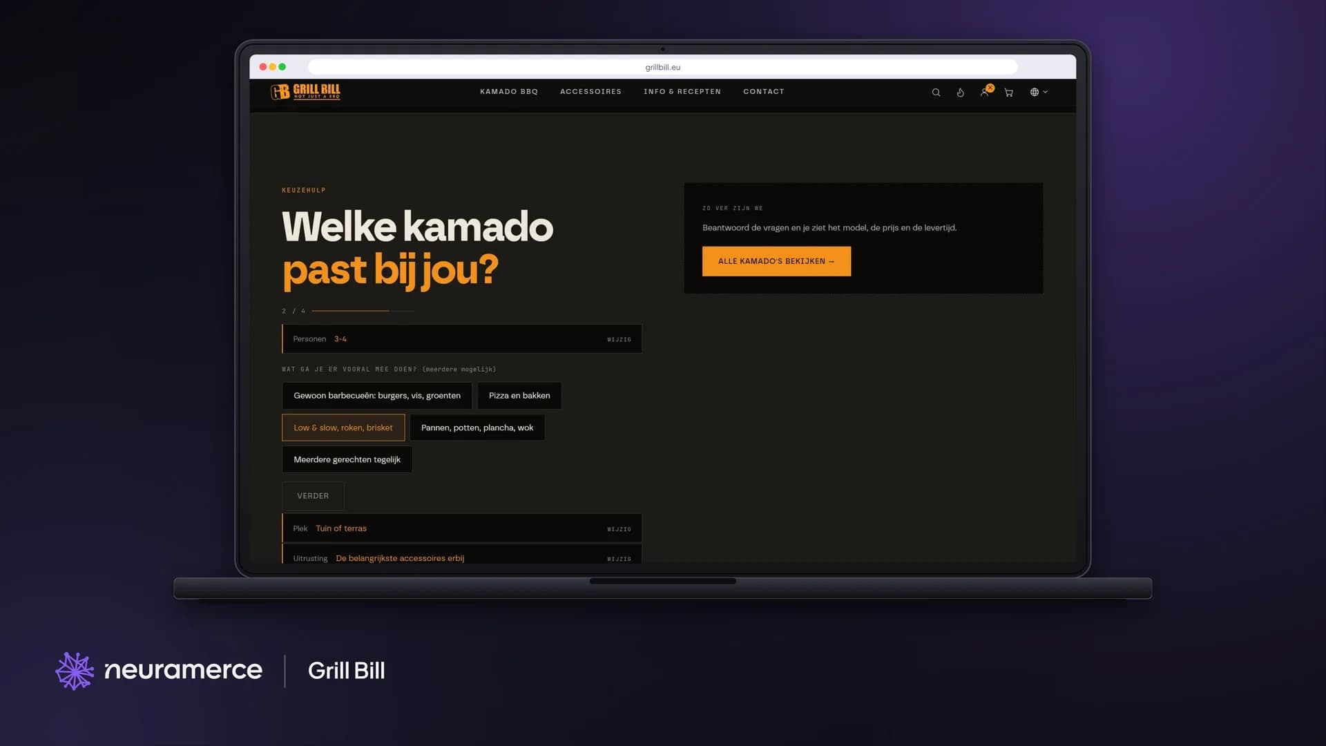 De kamado keuzehulp op de homepage van Grill Bill, halverwege ingevuld