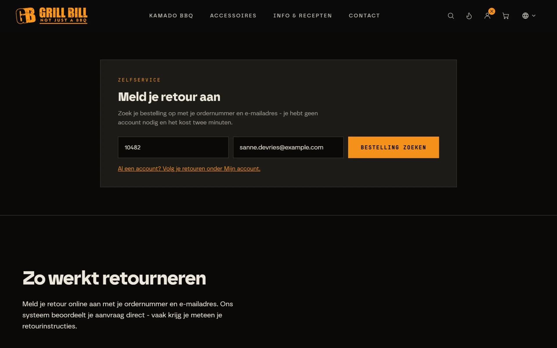 Retourpagina van grillbill.eu met het formulier Meld je retour aan: ordernummer en e-mailadres invullen en de bestelling zoeken