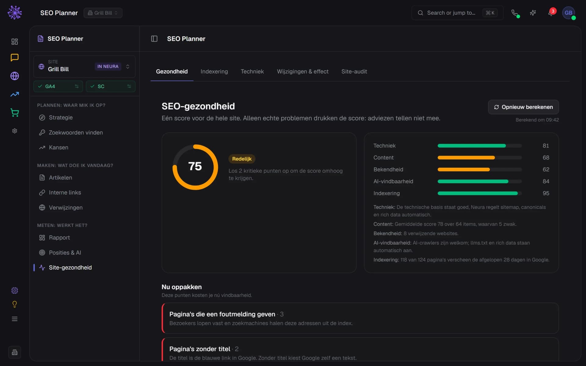 SEO-gezondheid: een score van 75 uit vijf pijlers, met onder meer pagina’s met een foutmelding en pagina’s zonder titel of omschrijving.