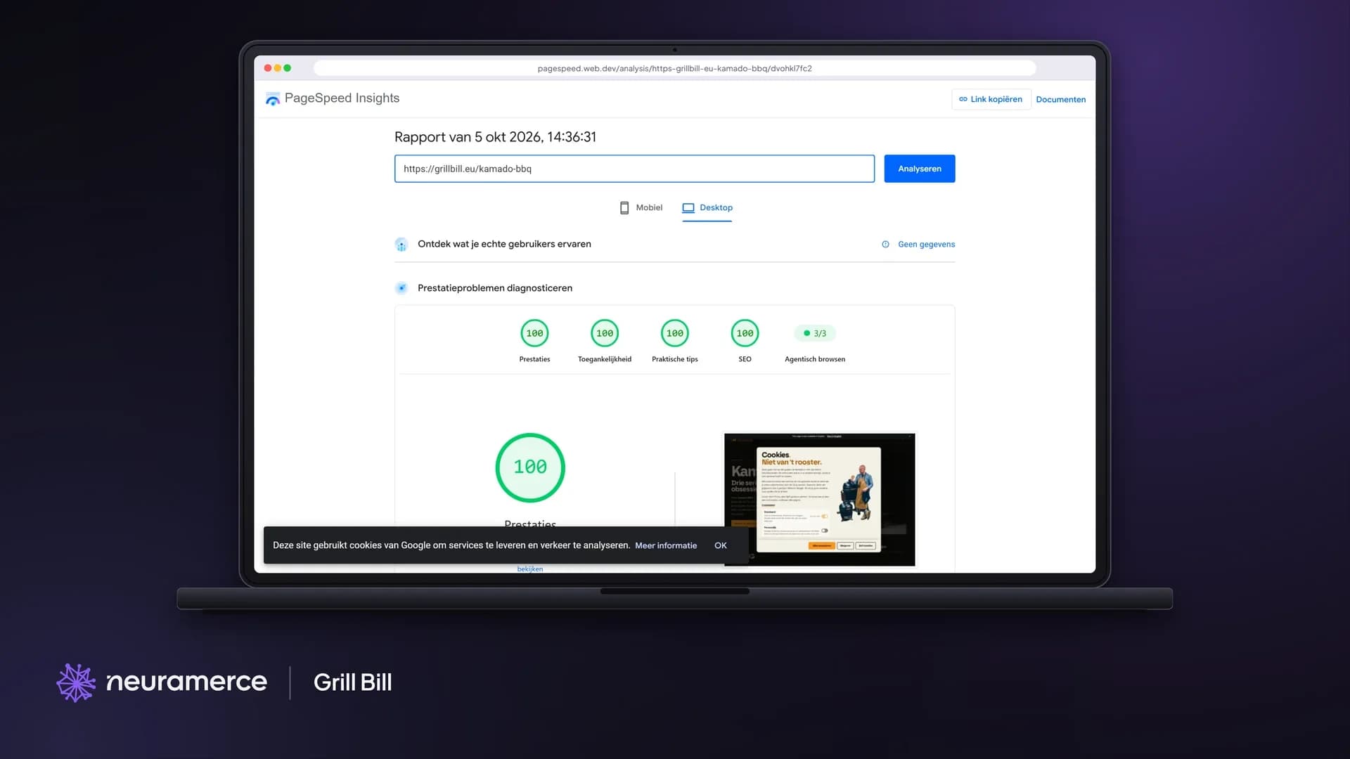 PageSpeed Insights geeft grillbill.eu/kamado-bbq op desktop 100 voor prestaties, gemeten op 5 oktober 2026