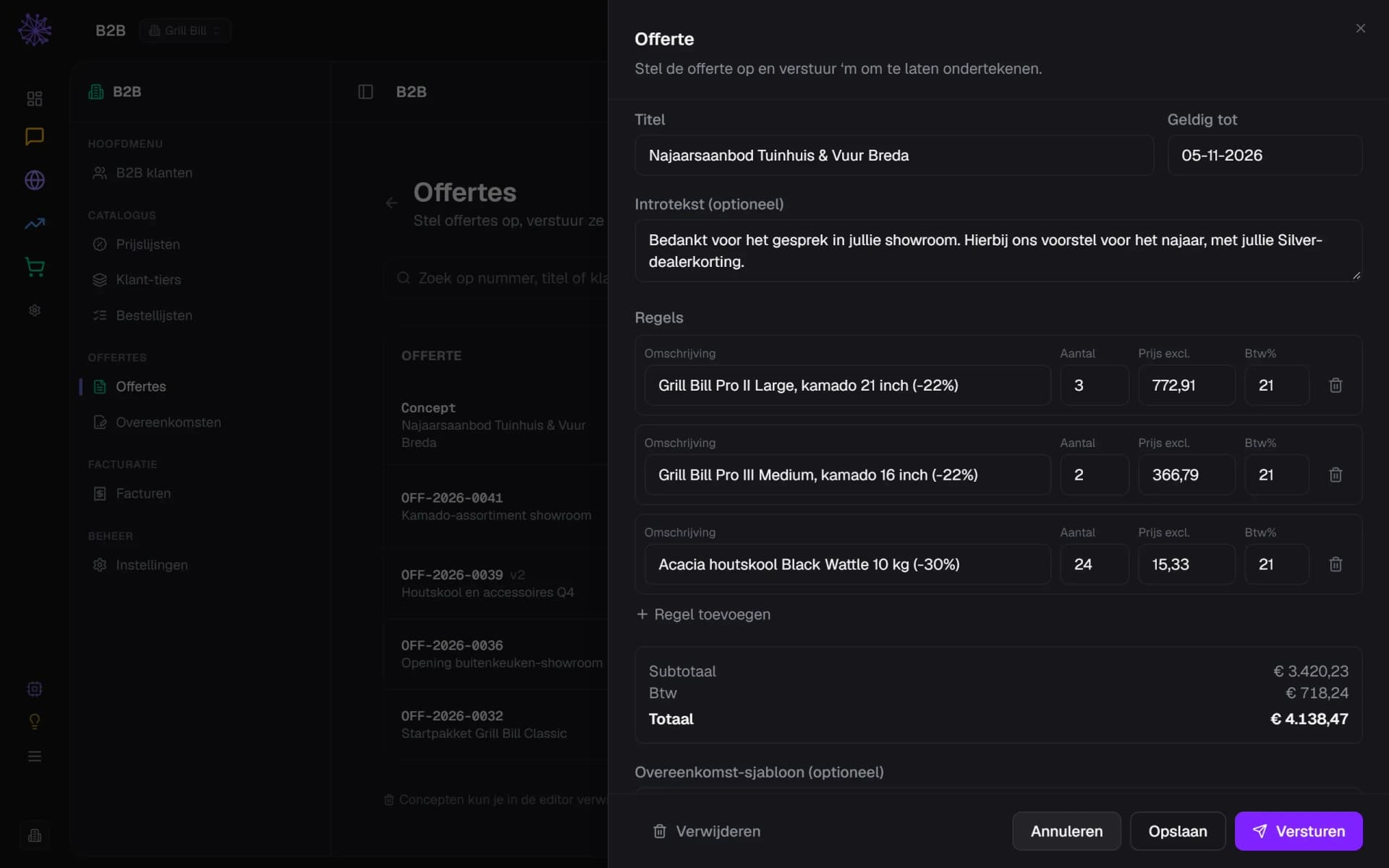 Offerte-editor met dealerprijzen per regel in het Neuramerce-dashboard