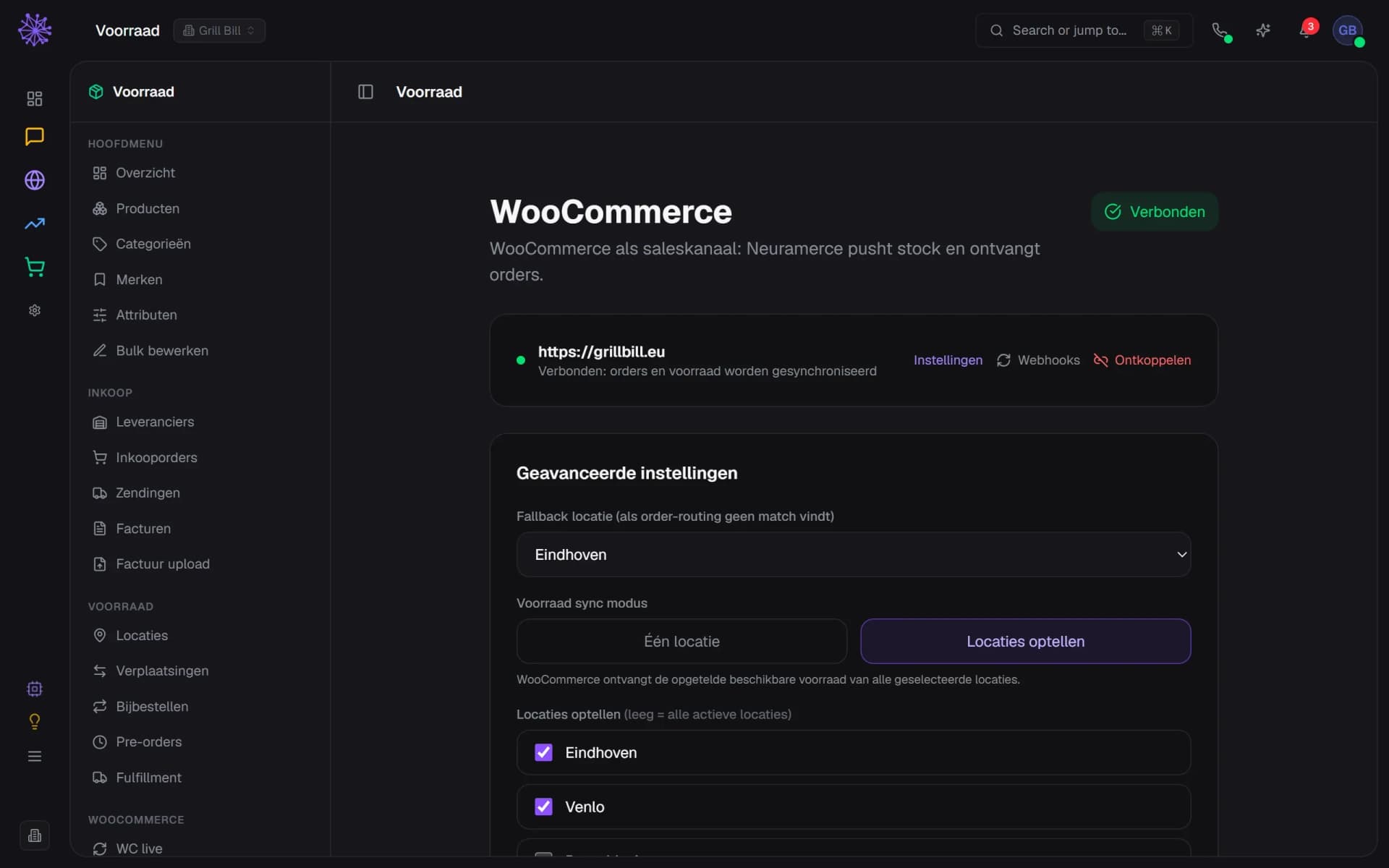 WooCommerce-koppeling van de webshop met de voorraadsynchronisatie op "Locaties optellen" en de locaties die meetellen.