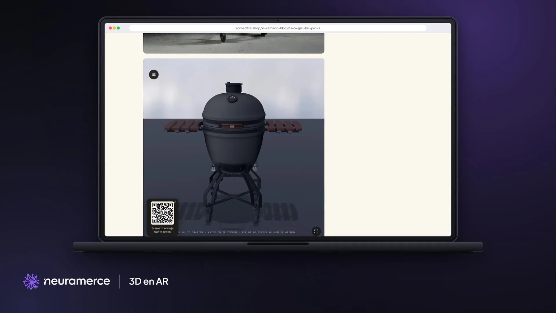 De Grill Bill Pro III XL in de 3D-viewer op nomadfire.shop, met QR-code om hem in AR in je tuin te zetten