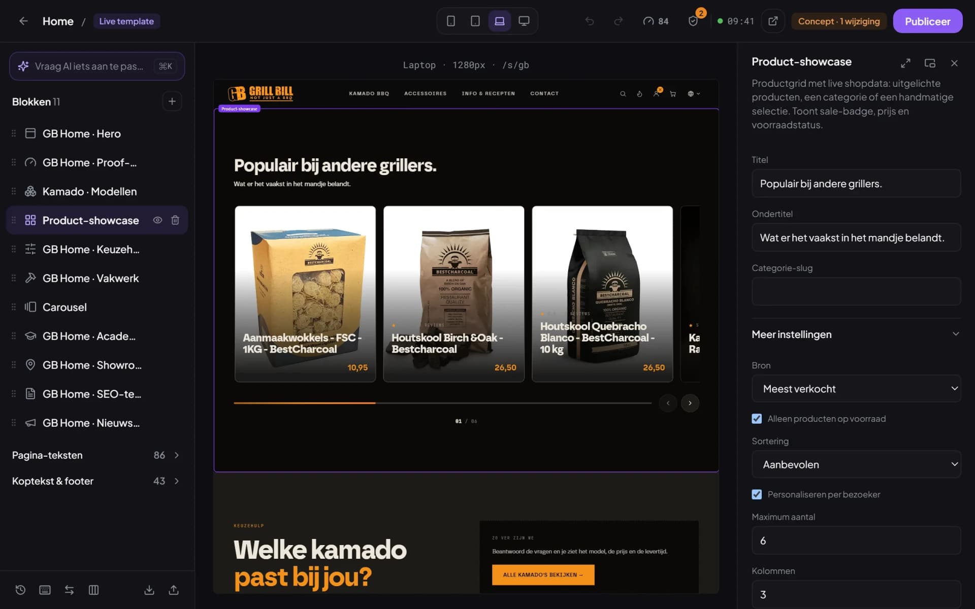 Website Builder met het blok Product-showcase geselecteerd en het vinkje Personaliseren per bezoeker aan.