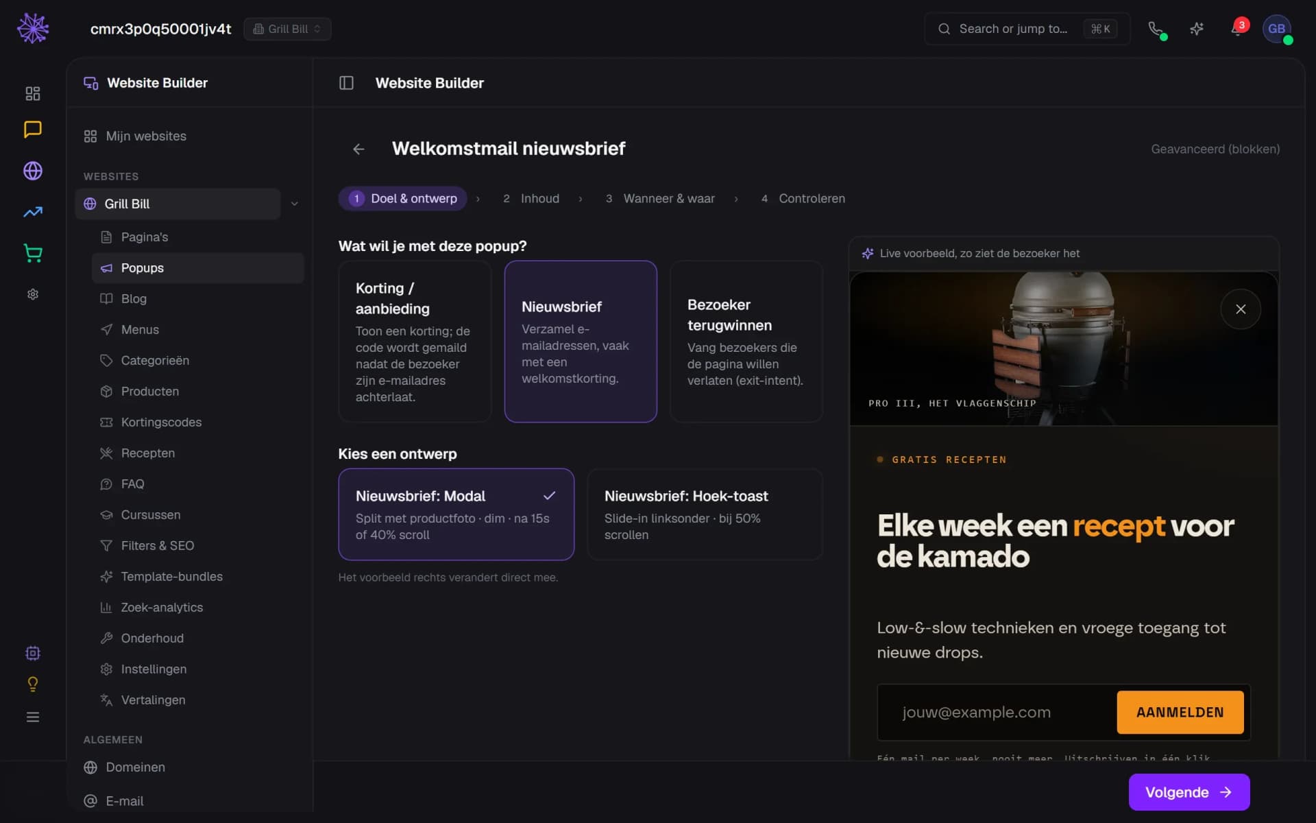 De popupwizard met drie doelen, twee nieuwsbriefontwerpen en een live voorbeeld in het Neuramerce-dashboard