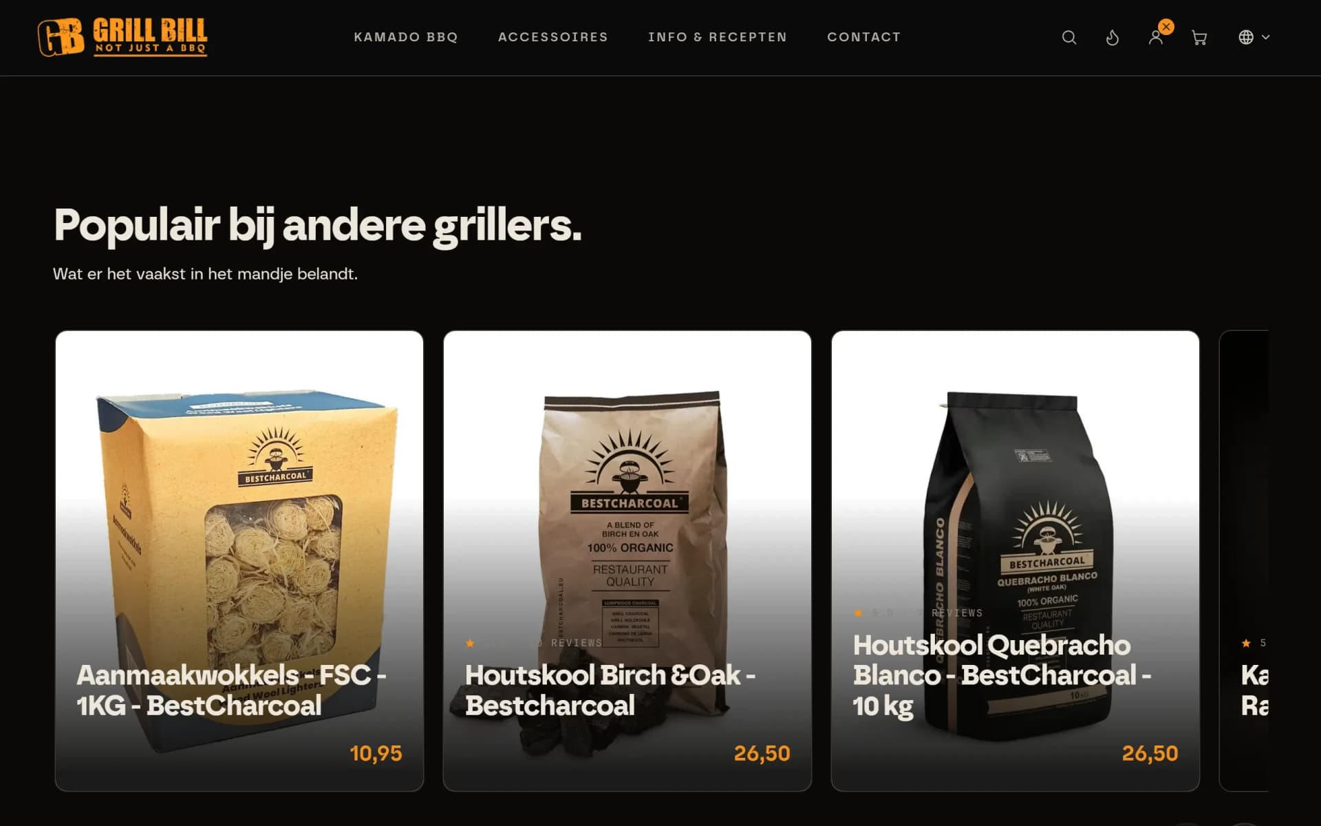 Homepage van grillbill.eu met de rij Populair bij andere grillers: kaarten met aanmaakwokkels en houtskool.