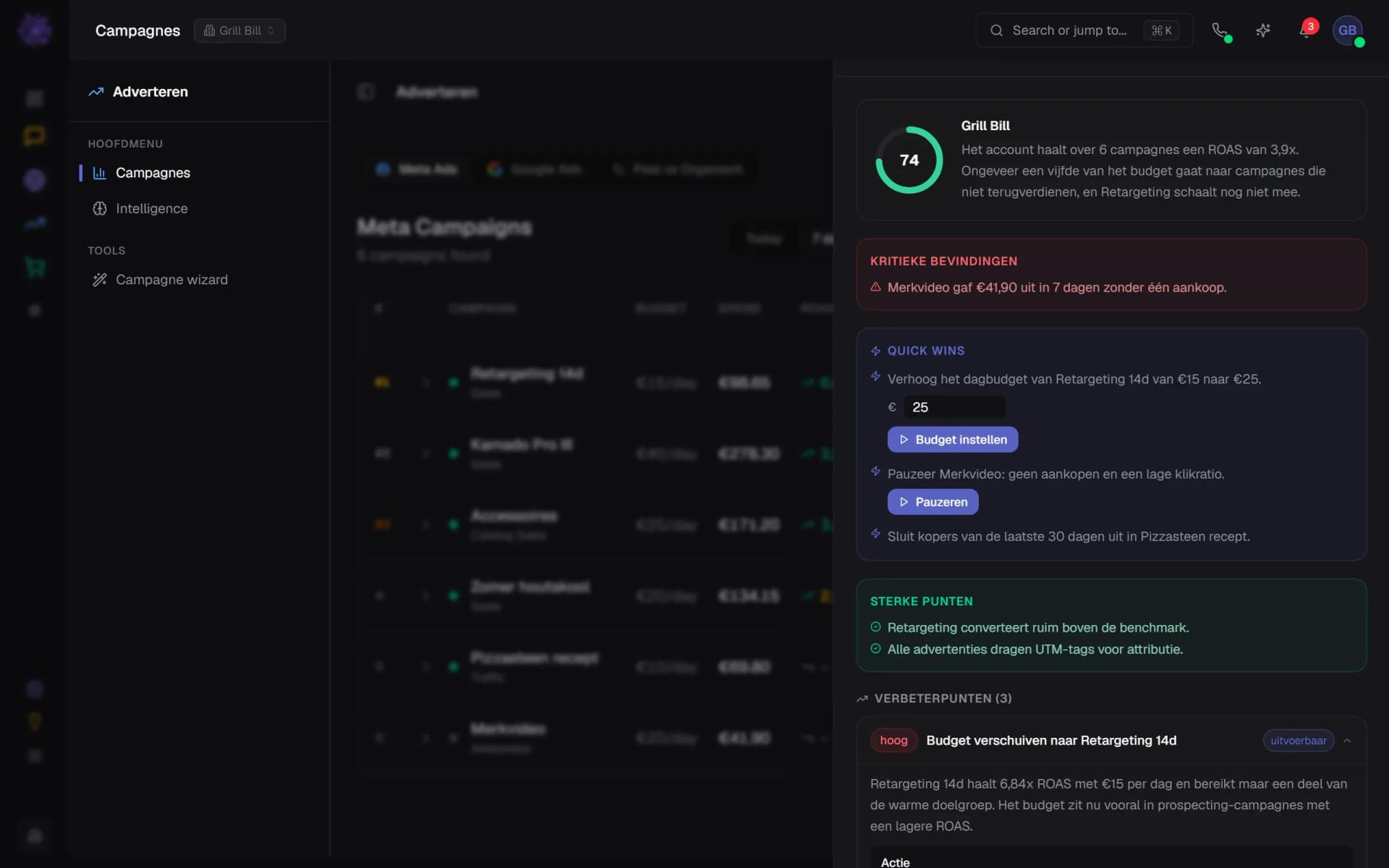 AI-audit van het advertentieaccount met score, quick wins en knoppen om het budget aan te passen.