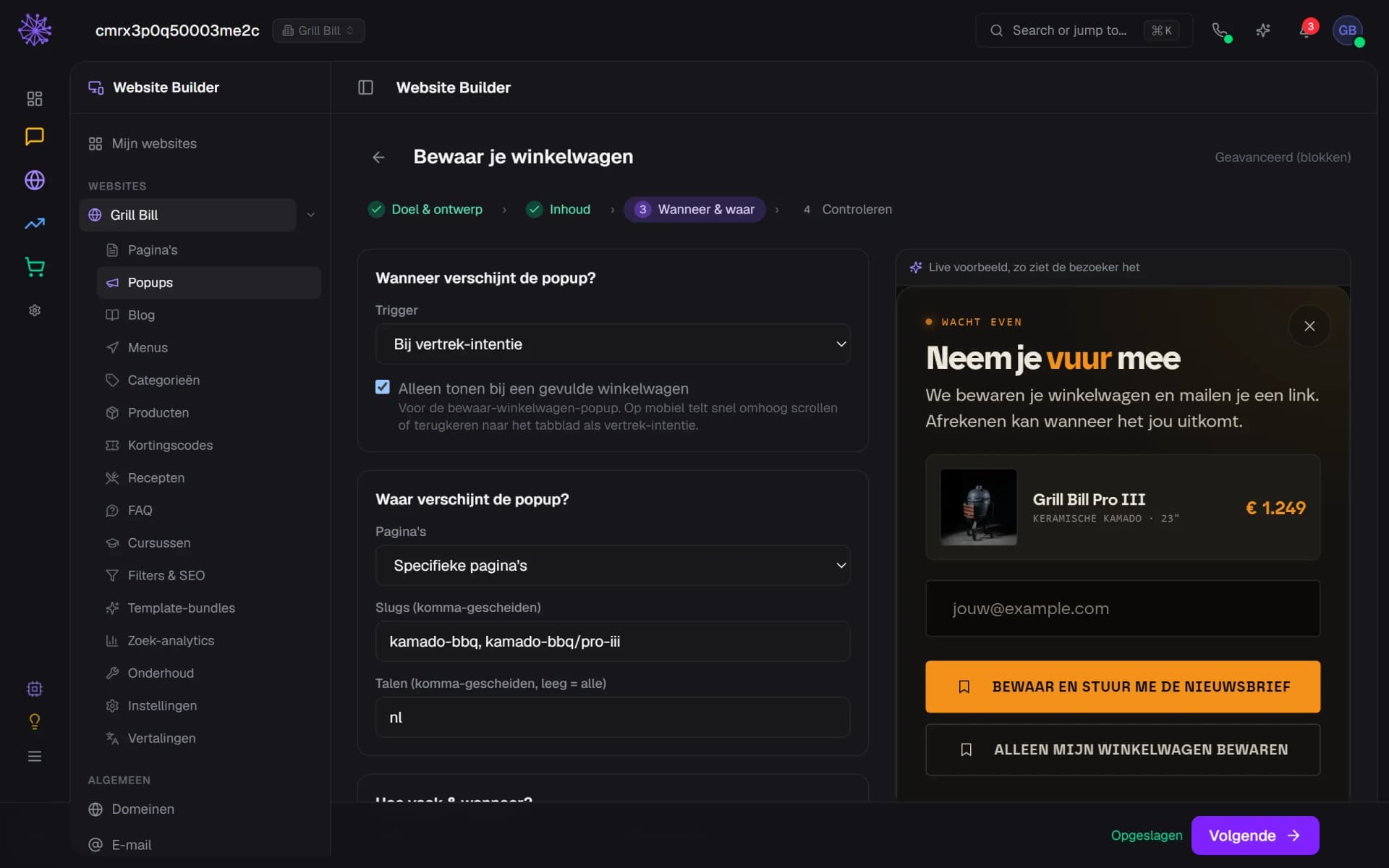 Stap Wanneer en waar van de popupwizard met trigger, pagina's en talen naast het voorbeeld van de bewaar-winkelwagen-popup