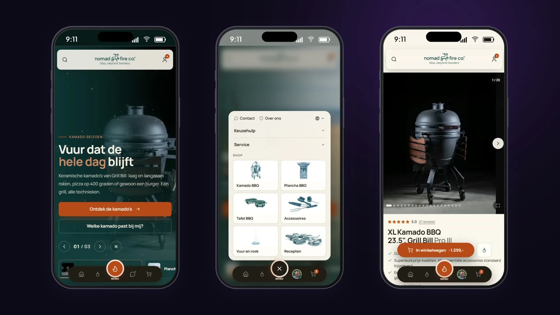 Drie telefoons met nomadfire.shop: de homepage met de dock onderin, het menu als paneel en een productpagina met de koopknop boven de dock