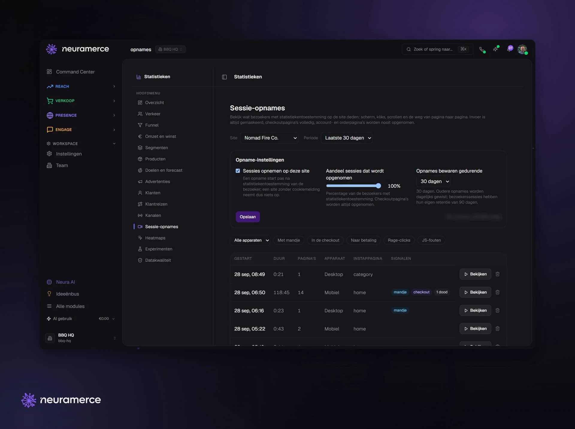 Nomad Fire session recordings in Neuramerce: settings and a list of visits with device, landing page and signals