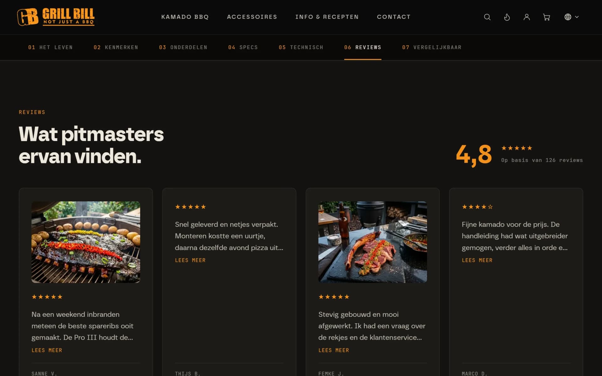 Productpagina op grillbill.eu met een reviewblok: score 4,8, vier reviewkaarten met sterren en foto's.